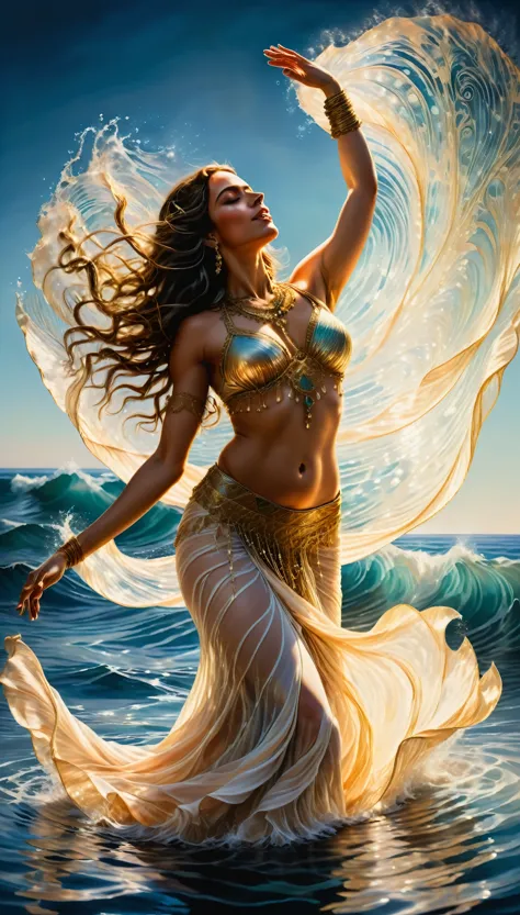 A realistic and detailed belly dancer gracefully performing on the shimmering surface of the tranquil sea, surrounded by gentle ...