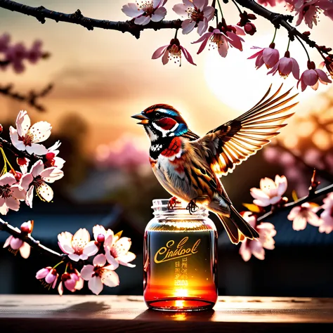 sunset "Sparrow bird with open wings spread upwards perched on a cherry blossom branch, top masterpiece of superior high-quality...