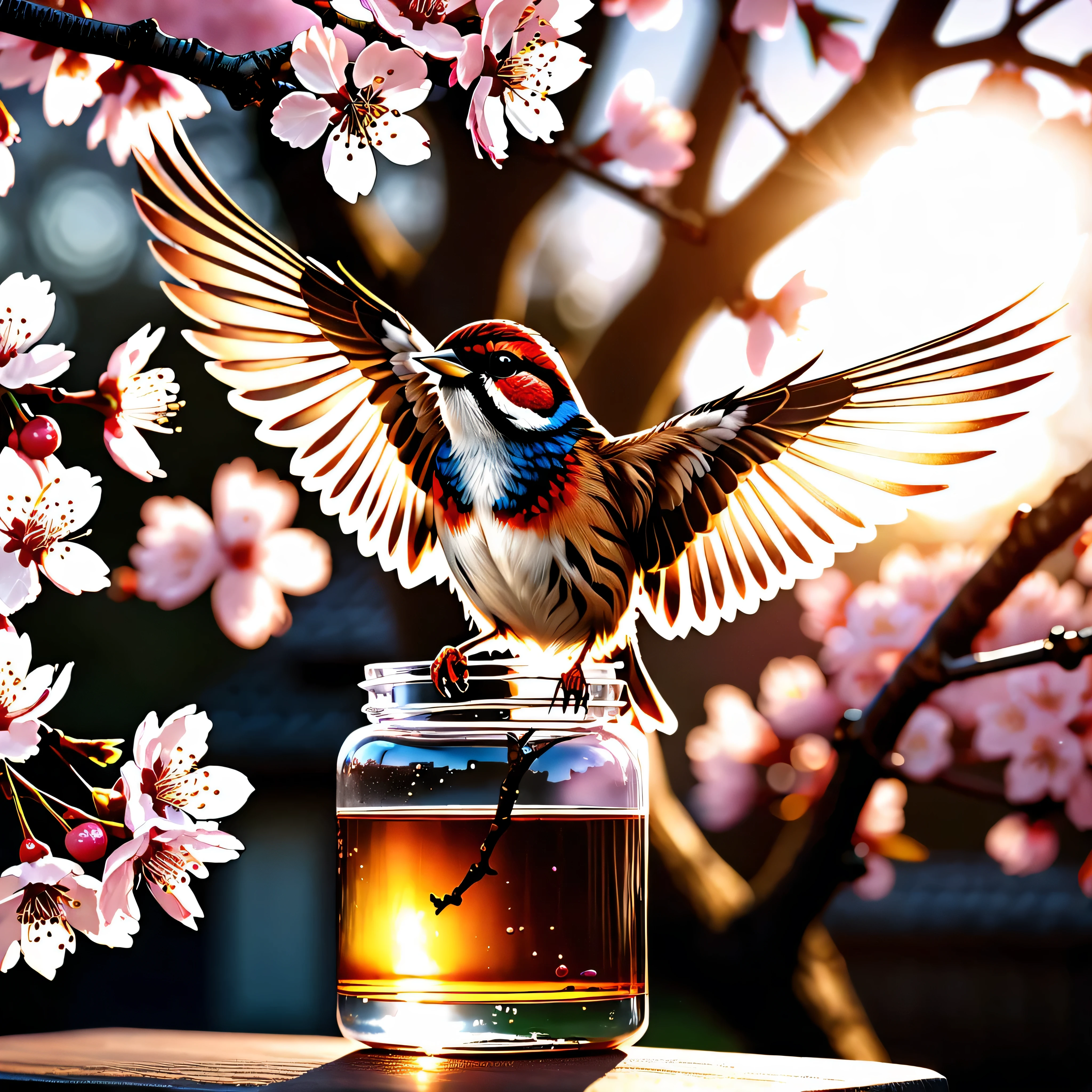 日没 "翼を広げて桜の枝に止まったスズメ, 最高品質の最高傑作, 公式に美しい芸術と美学, realistic and 詳細, 08k." 瓶の中の桜の木, ふわふわ, 大気の光の屈折, リー・ジェフリーズ著 ニコン d850 フィルムストック写真 4 コダック ポートラ 400 カメラ f1.6つのレンズ、豊富な色彩、超プロフェッショナルな写真のようにリアルな壮大な質感、ドラマチックな照明、Cinestill 800で人気のUnrealEngine5, スタイル-ガラス, ((UnrealEngine5 壮大な傑作, 最高品質, 詳細, ウルトラシャープ, 超高解像度, 超高解像度, 超高解像度, 高解像度, 鮮やかなデジタル一眼レフ)), カラフルな照明, 反射, 複数など様々. --v6 --s1000 --c20 --q5 --chaos100