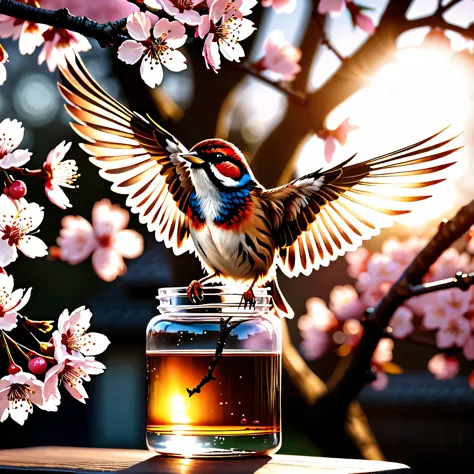 sunset "Sparrow bird with open wings spread upwards perched on a cherry blossom branch, top masterpiece of superior high-quality...
