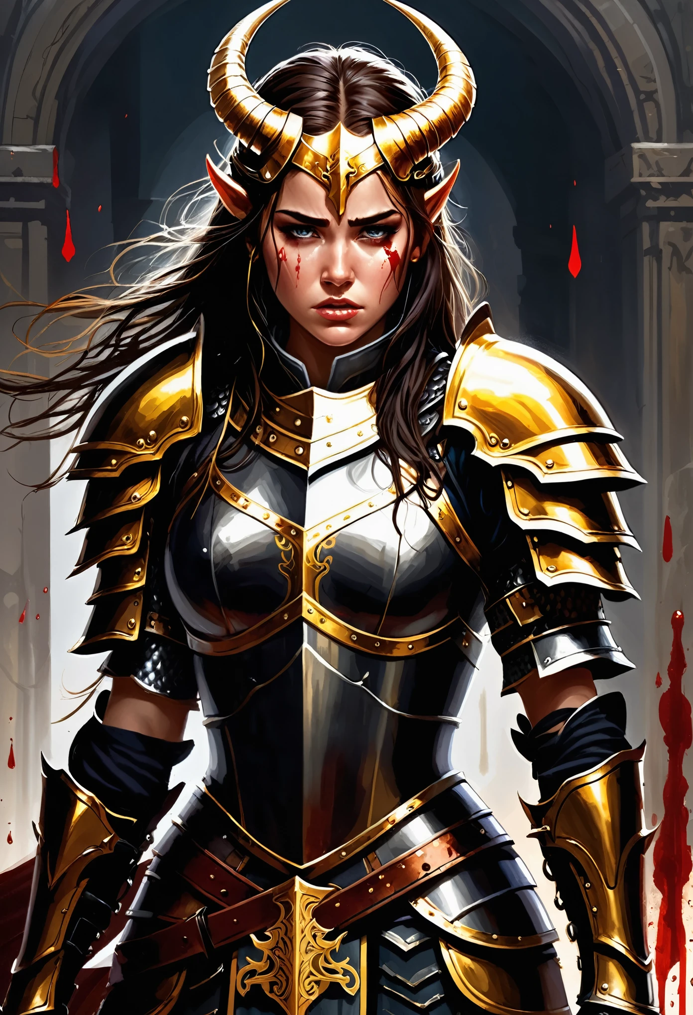 Armand Guillemann style, character concept design, half painting, depicts a female warrior with a golden head and horns, wearing dark armor, standing proudly though wounded. There were tears in his eyes, but his expression was fierce, and he leaned forward slightly, as if he were using his last strength to stay on his feet. (Blood trickled down her right arm between her fingers, staining her armor and palm)), but her expression was grievously crying, clenching her teeth, unwilling to show any weakness. The look in her eyes was the most striking part. Those bright eyes, full of indomitability and perseverance, glistened with tears. Her eyes were straight ahead, as if she were glowering at an invisible enemy, and her haughty head would never lower even in defeat. In the background, spattered blood surrounds the girl warrior, forming a tragic and shocking picture. The color of the blood contrasted with the dark color of the armor, which highlighted her bravery and indomitability