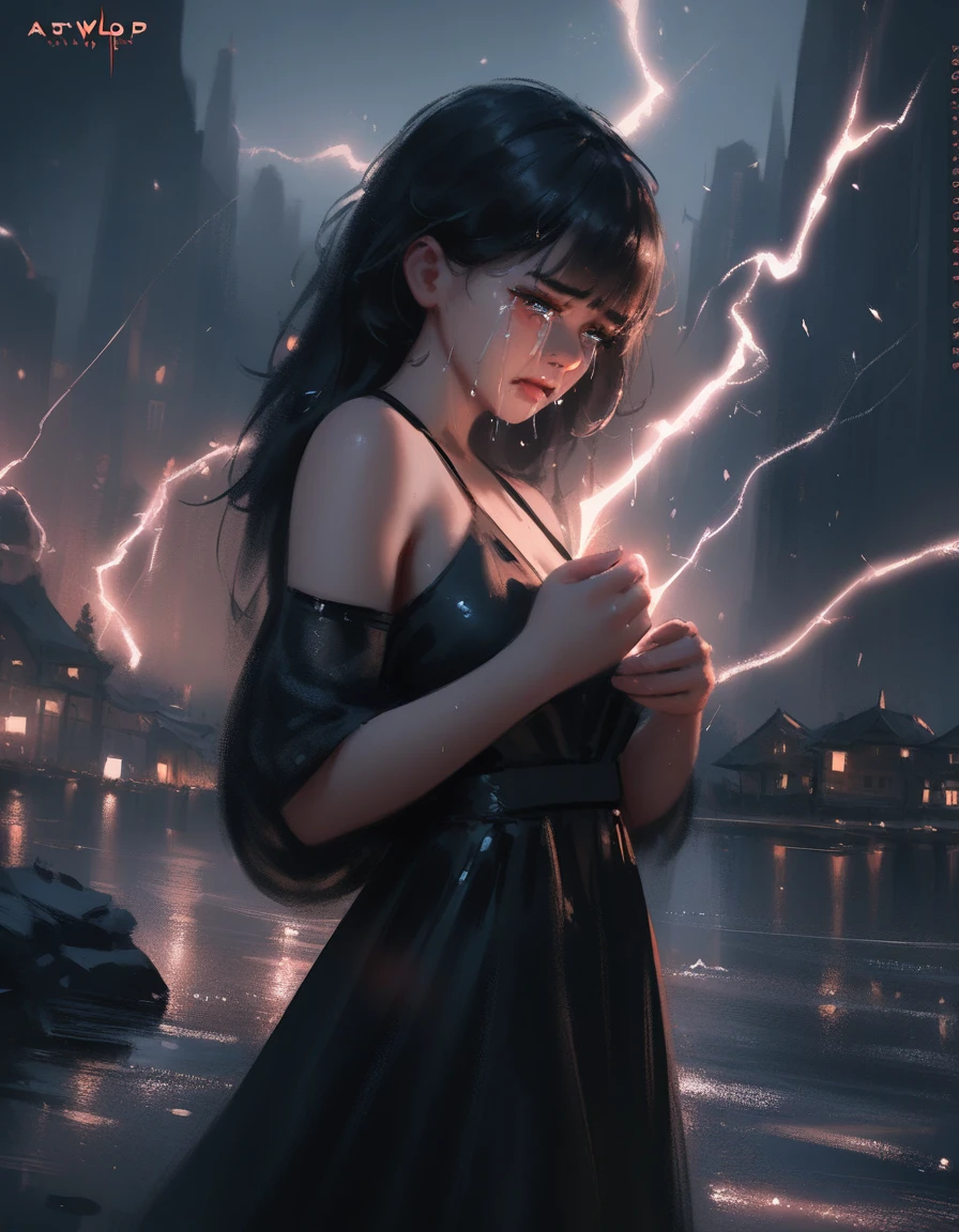 1girl, crying, aesthetic, extremely detailed, masterpiece, best quality, very aesthetic, absurdres, Crying eyes tears of blood as it pours its essence into the river soul, girl, by WLOP, by Artgerm, by Michael Garmash, by Rob Rey, digital art, trending on artstation, beautiful lightning, atmospheric