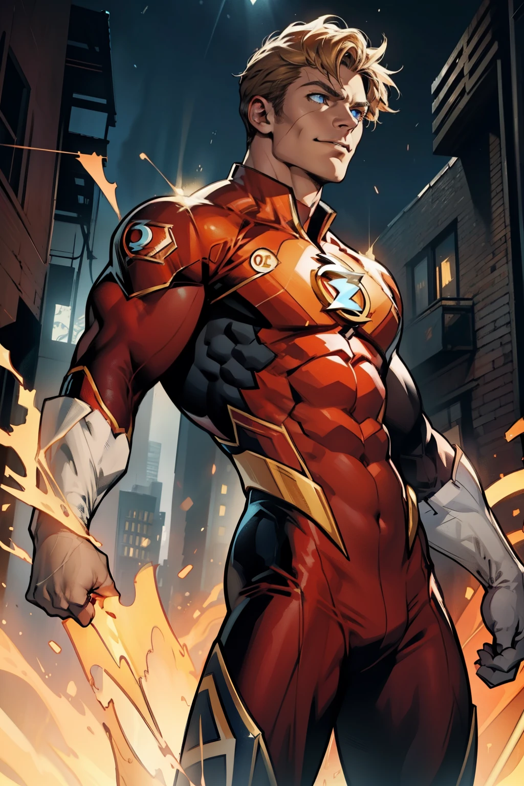 The Flash, clad in his iconic red suit with a golden lightning bolt emblem, stands before us with a hopeful expression gracing his chiseled features. In his hand, the distinctive blue lantern ring gleams, its power radiating palpable energy. His piercing blue eyes, filled with determination and compassion, seem to burn with the very essence of hope itself. The detailed texture of his skin, as if etched with intricate lines, enhances the sense of depth and realism in this high-resolution character portrait. (Masterpiece: 1.2)