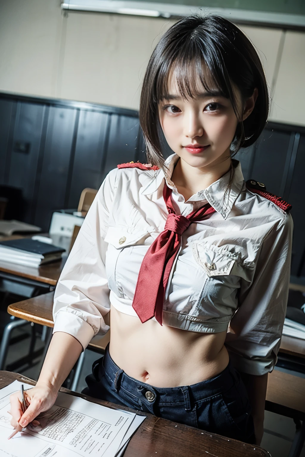 ((höchste Qualität, 8K, Meisterwerk: 1.3)), 1 Mädchen, Süße Japanerin betont ihre schlanken Bauchmuskeln: 1.3, (Zufällige Frisur, Standardbrust: 1.2), Uniform: 1.2, (pussy line), Süßes japanisches Mädchen, das ihre schlanken Bauchmuskeln betont Nein.: 1.4, (Zufällige Frisur, Standardbrust: 1.2), Uniform: 1.2, Klassenzimmer, super detailliertes Gesicht, Schöne Augen, doppeltes Augenlid