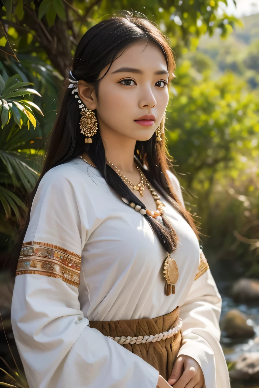 8k, highest quality, ultra details, indigenous woman, nature scenery, traditional clothing, tribal jewelry, peaceful gaze, connection with the land