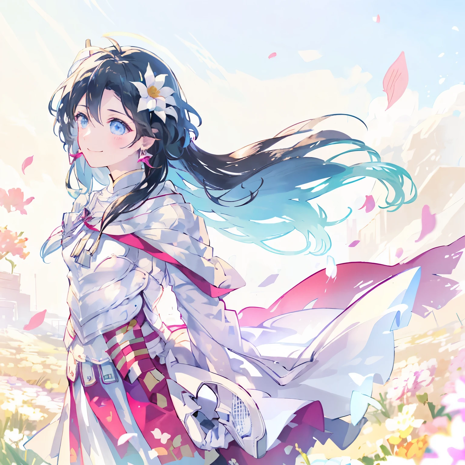 woman in her 30s、modest chest、A cup breasts、hair flowing in the wind、soft smile、happy smile、Against the background of blooming floweragic effect、Warm sunshine、white flower on head、blue sky、sunny、spring season、petals dancing in the wind、