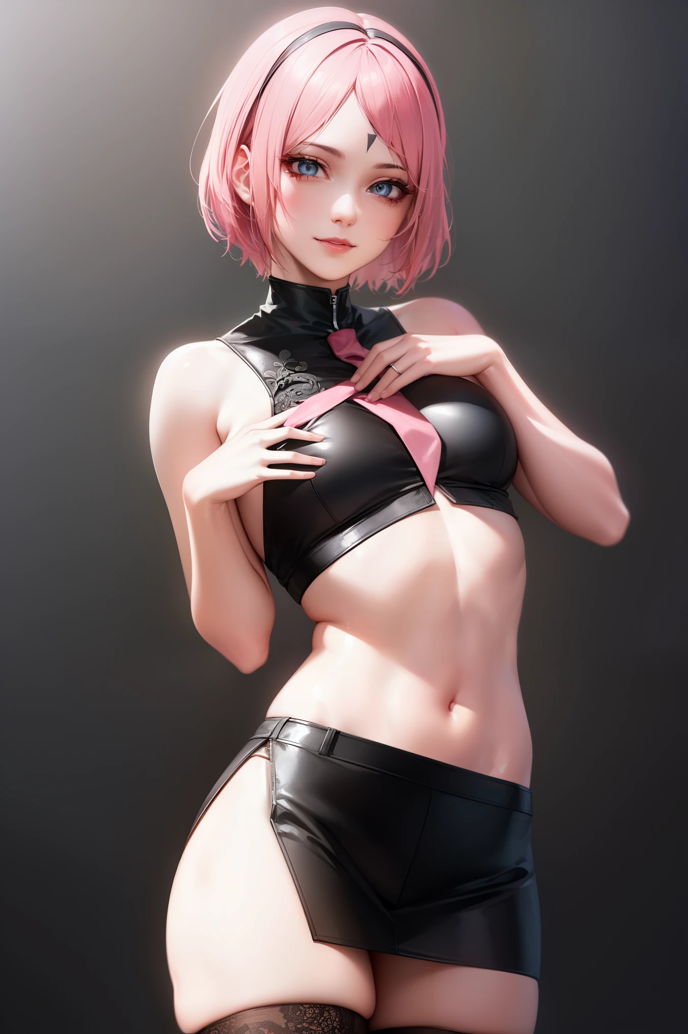 deep skin,textured skin, ,sakura haruno,(pink hair:1.4),(short hair:1.6),
BREAK  (bare shoulders, black necktie, black thighhighs, braid, long braid, miniskirt, navel, necktie, shirt, single braid, sleeveless:1,2)
BREAK NSFW,looking at viewer, depth of field, looking at the audience, a little smile,
BREAK (masterpiece:1.2), best quality, high resolution, unity 8k wallpaper, (illustration:0.8), (beautiful detailed eyes:1.6), extremely detailed face, perfect lighting, extremely detailed CG, (perfect hands, perfect anatomy),