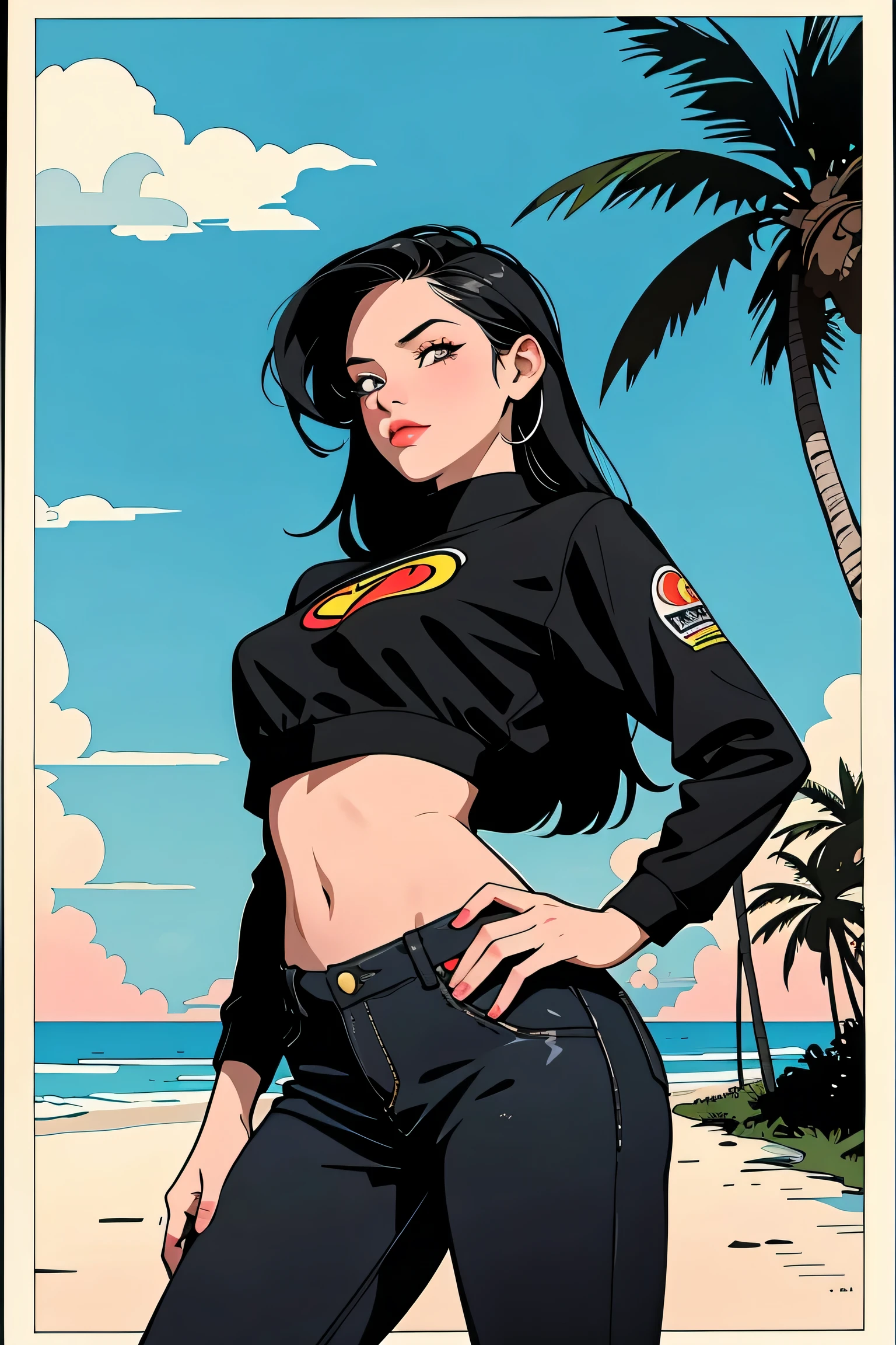 retro girl, Miami, sunset, Ferrari, palm tree, 90's, (flat colors, flat texture, lineart:1.2), graphical design, (heavy ink, ink blacks), 