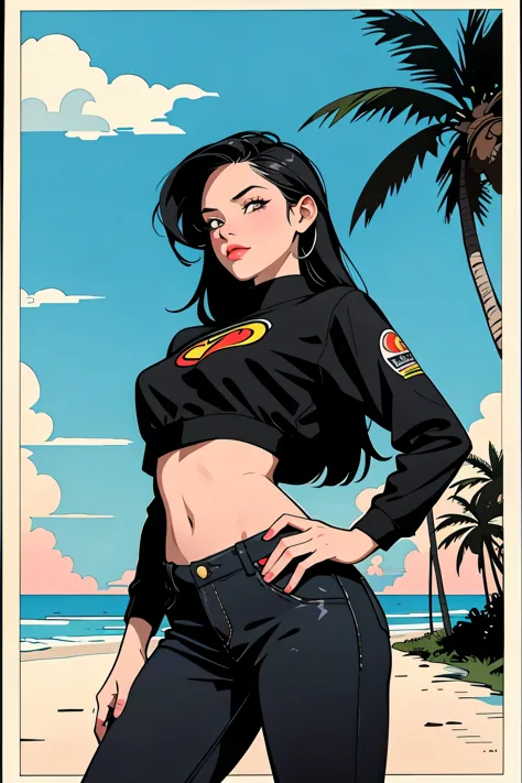retro girl, Miami, sunset, Ferrari, palm tree, 90's, (flat colors, flat texture, lineart:1.2), graphical design, (heavy ink, ink...