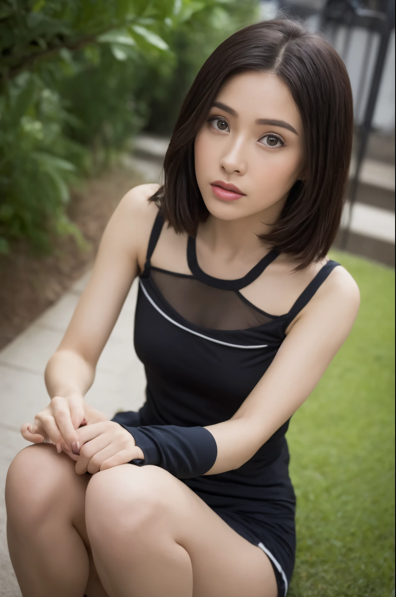 Arafed asian woman sitting on a bench in a black dress - SeaArt AI