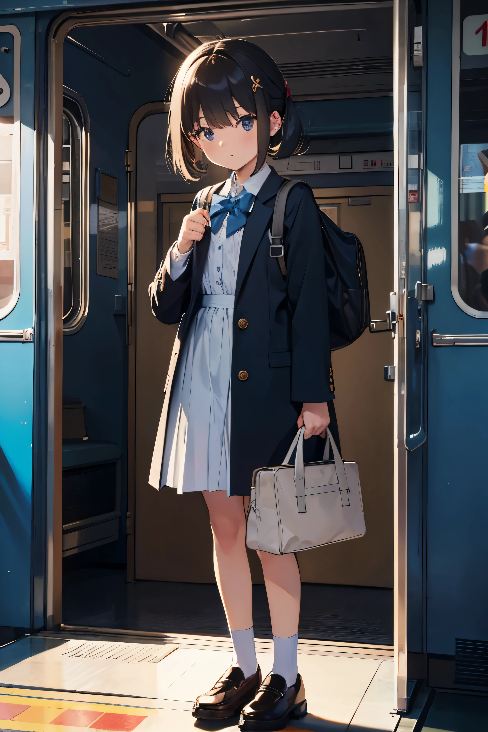 {{{highest quality}}}, {{very detailed}}, {figure}, {{very delicate and beautiful}}, train (閉まったtrainのドア, Outside the Door, station platform), 1 girl (small physique, short limbs, 8 year old girl, trainのドア前), round face, blazer (dark blue), coat, school shoes, : 1.25), (baby face) : 1.2), girl looking at the clock. Check the time, has a school bag in his left hand, body shot