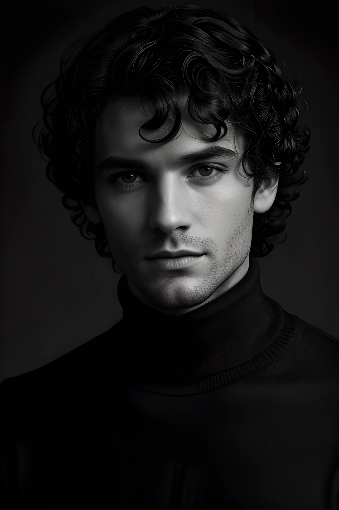 Photo-BW, man, Human-Likeness, photomodel, black hair, curly hair, black turtleneck sweater, grey  background
Portrait-Medium Shot