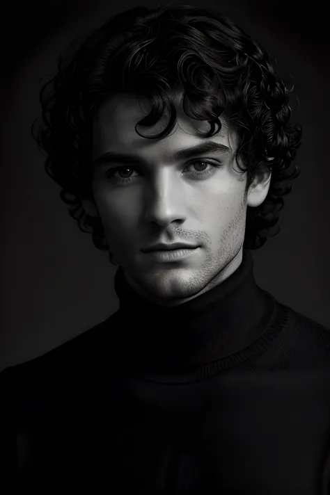 Photo-BW, man, Human-Likeness, photomodel, black hair, curly hair, black turtleneck sweater, grey  background
Portrait-Medium Sh...