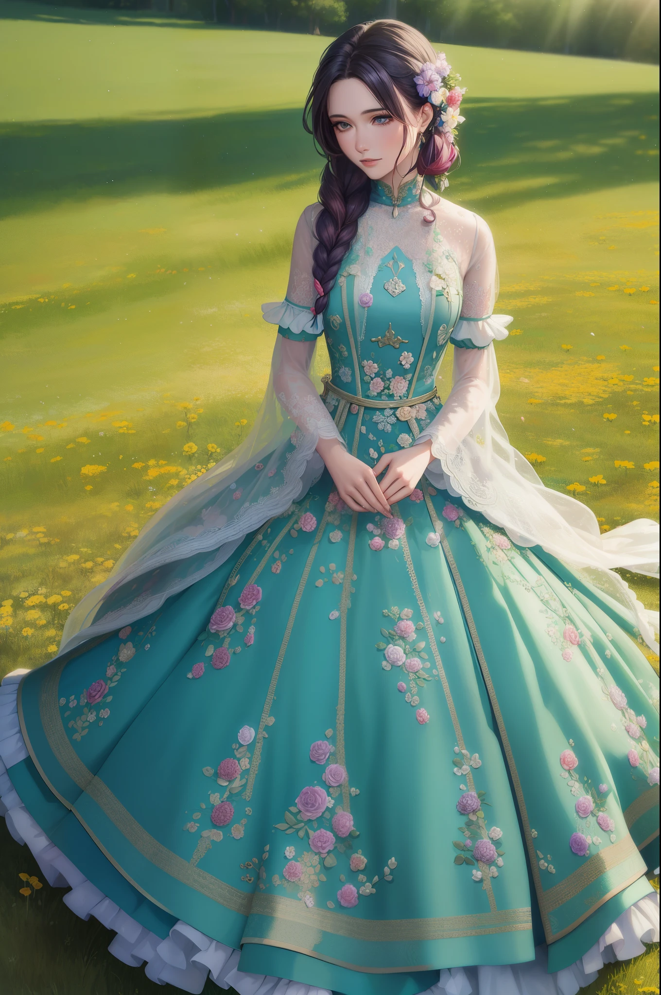 Chiron Duong award winning intrinsic detail photograph-painting hybrid high fashion portrait vogue style female supermodel multicolored small flower dress with long curly hair in fields of flowers during outdoor  in a spring color palette, hd, 8k --ar...