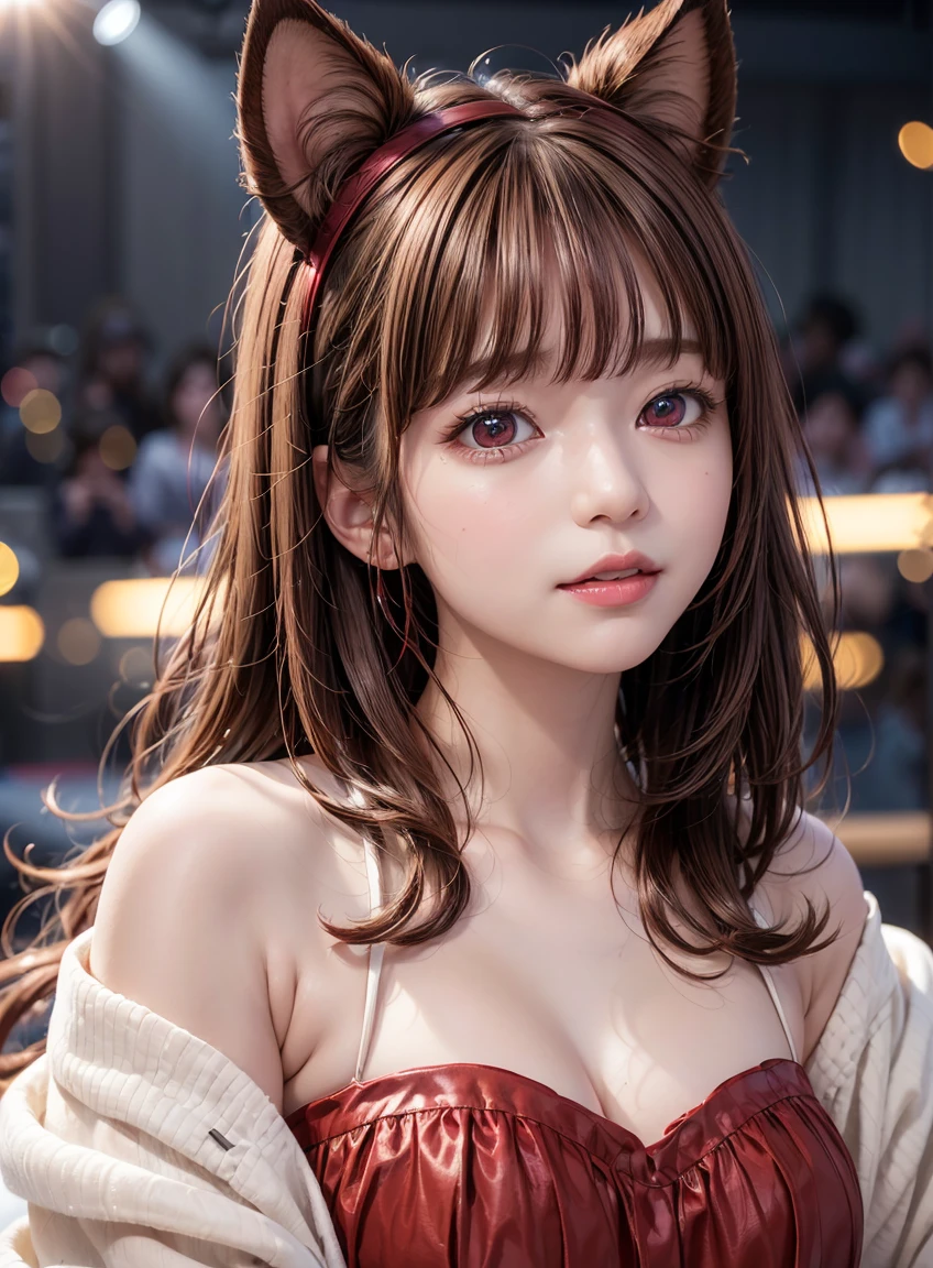 (highest quality:1.3), High resolution, Super detailed, Highly detailed CG Unity 8K wallpaper, realistic, photo-realistic, RAW photo, beautiful and detailed face, white skin, realistic glistening skin, fine fabric texture, detailed hair texture, perfect body, beautiful features, Accurate, anatomically correct, Highly detailed face and skin texture, one girl, cute, ((brown hair、curly hair: 1. 2)), ((red eyes、drooping eyes:1.3)), thick bangs, (woman singing with a microphone: 1. 2), ((cute idol costume))、((Shining stage、Spotlight))、cat ear headband、Idols singing while receiving cheers、adorable smile、