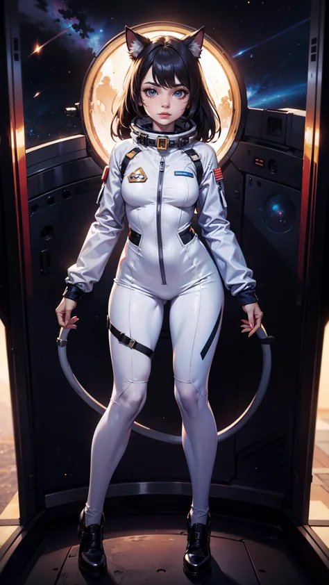 Cute and handsome cat-girl woman in space suit from old movies