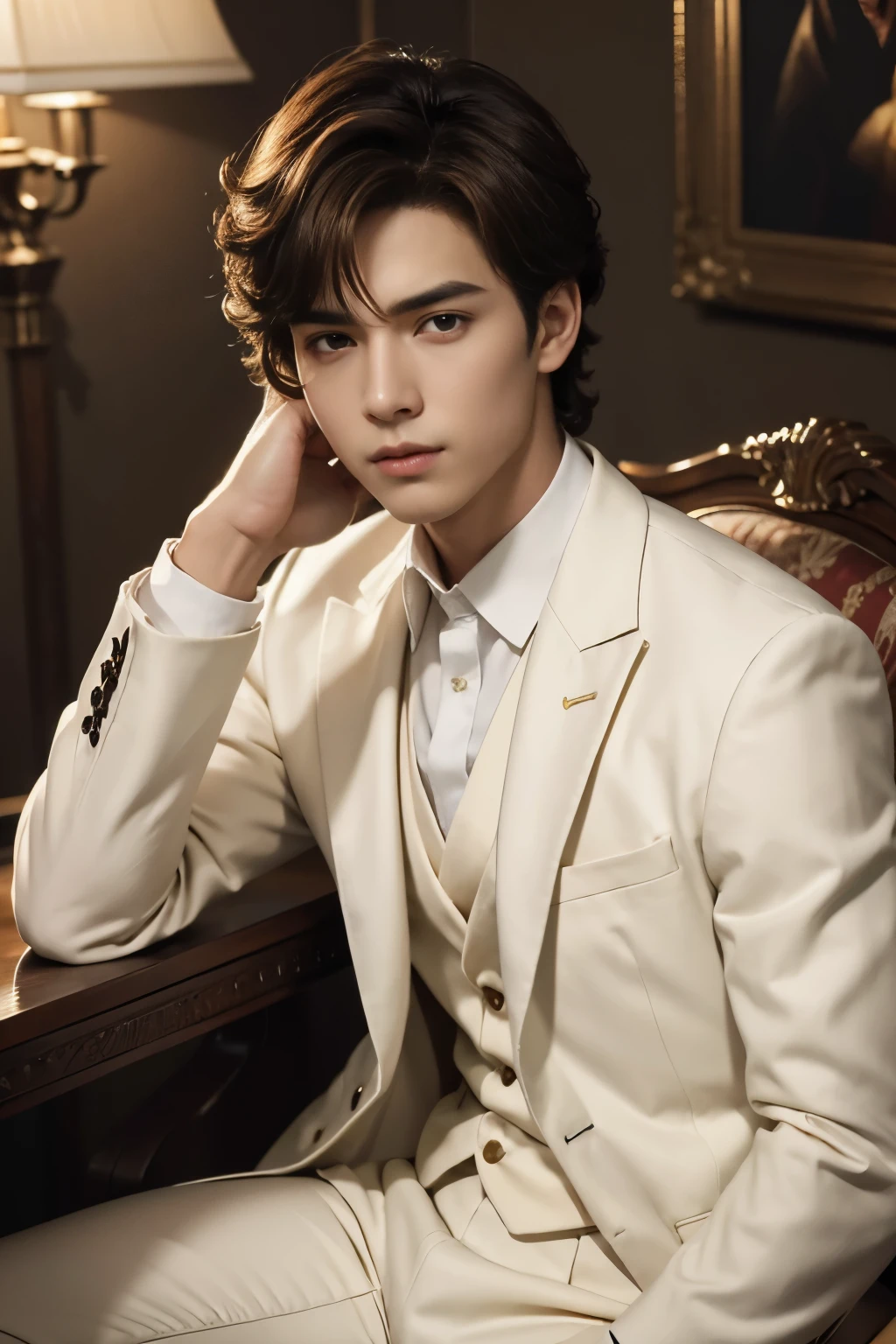 (tmasterpiece, high resolution, ultra - detailed:1.0), (1 boy, Young male), Eyes looking at the camera, Perfect male body, Extremely detailed CG, 8K wallpaper, Complicated details, solo person, ((Deep amber eyes)), ((Light brown hair with short curly edges)), [Thick eyebrows], sitting room, ((White suit)),victorian age,color difference, Depth of field, dramatic shadow, Ray tracing, Best quality, Cinematic lighting, offcial art, Portrait