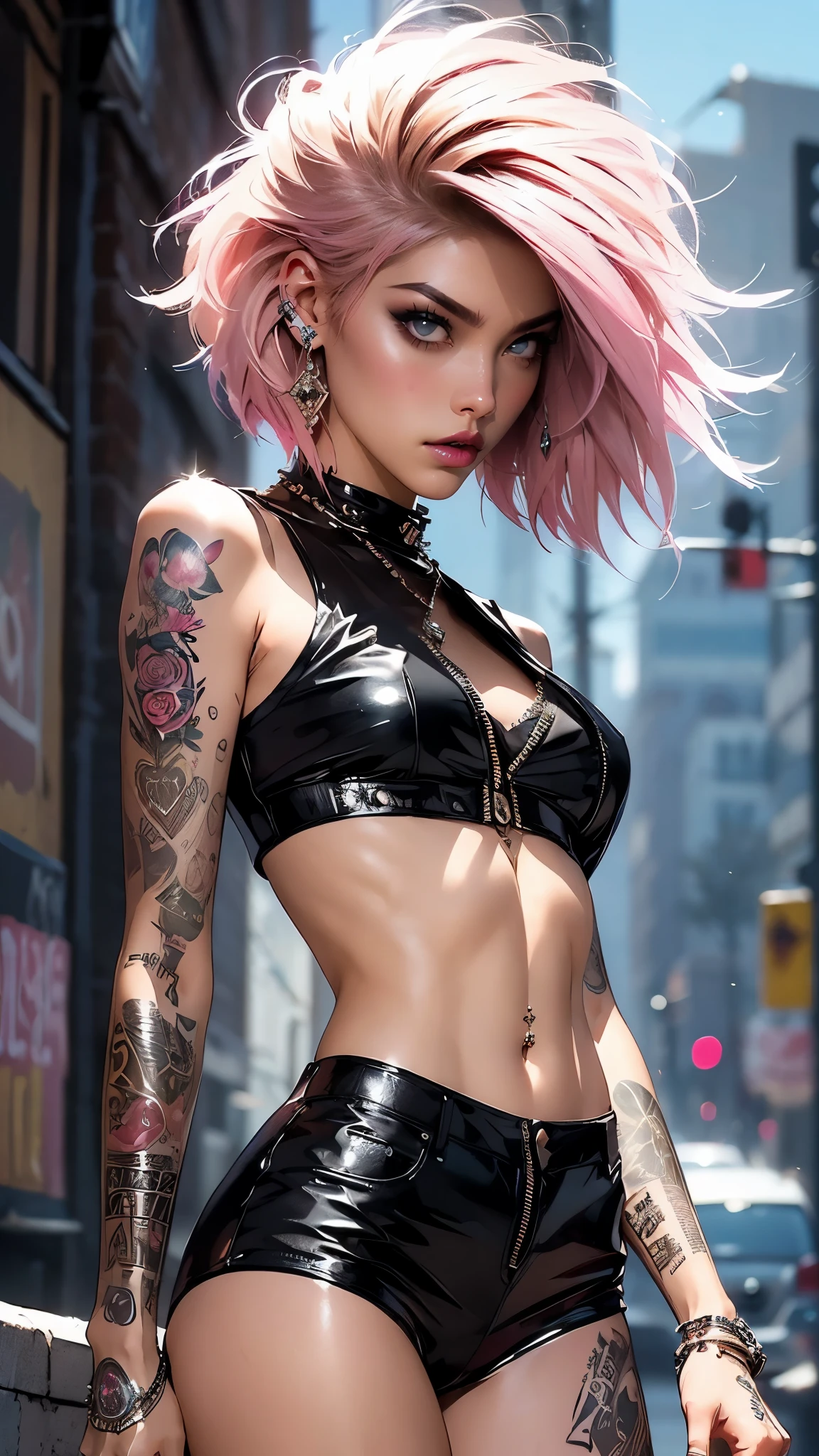 (((of the highest quality: 1.4))),(incomparable masterpiece ever), (ultra high definition),(Ultra-realistic 8k CG), Official Art、 (((adult body))), (((1 girl in))), ((( short hair bob ))), Punk girl with a perfect body, Jacket with metal spikes.,Beautiful and well-groomed face.,,Detailed punk fashion,leather jackets, (Image from head to thigh.),((Pink short hair bob )), Small leather panties, Simon Bisley&#39;s wild urban style,Detailed London street background,clean abs, Complex graphics, dark pink with white stars and gray and white stripes,,,, (( Many poisonous tattoos )), piercings,
