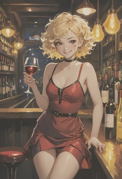 Woman 20 years old red very short tight-fitting dress , beautiful blonde short curly hair, holding a glass of wine, looks a litt...