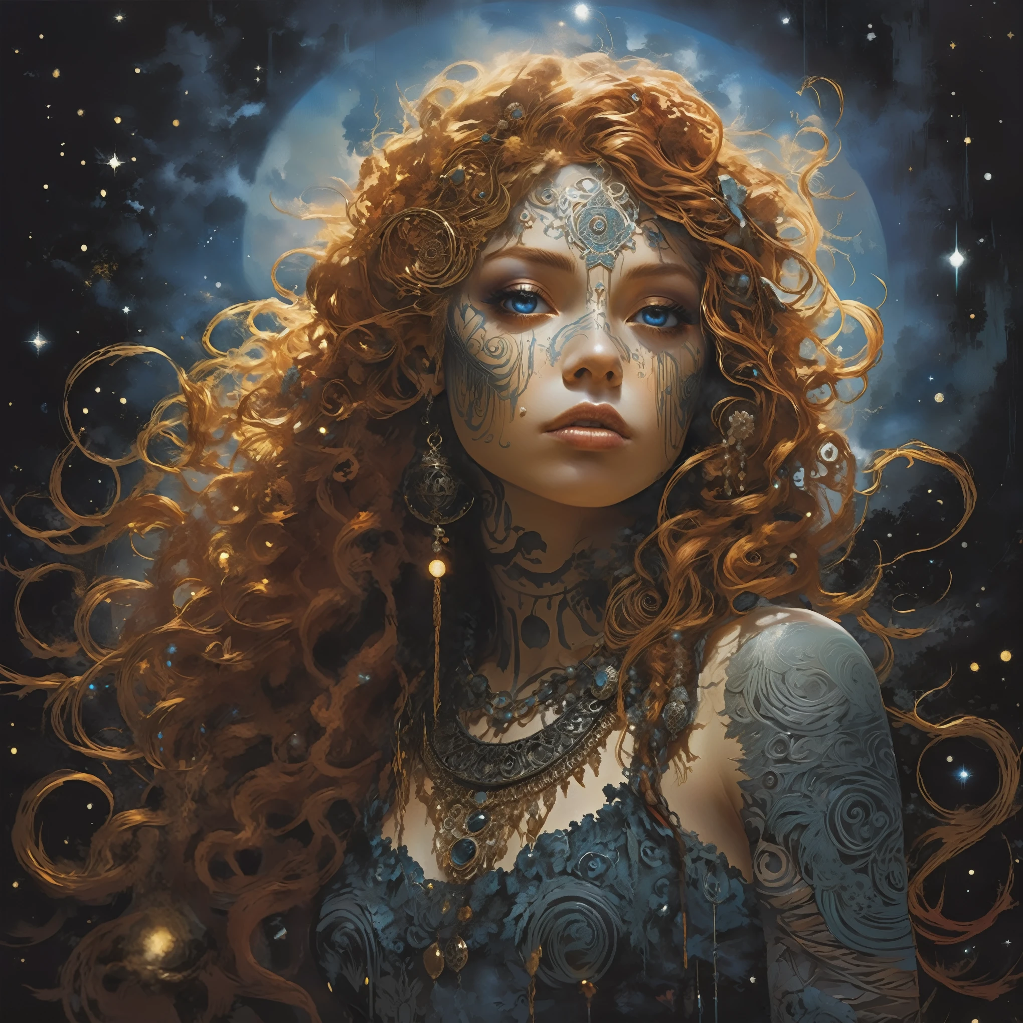 hyperrealistic portrait of a woman with a full moon in the background, karol bak uhd, beautiful fantasy portrait, portrait of a norse moon goddess, maiden with copper hair, ghostly tribal ginger woman made of smoke, big detailed glowing eyes, metal and glass parts, tattooed, filigree detailed, intricately ornate, highly detailed skin, color drops, extremely big moon, moonlight, stars, night. detailed sky with clouds, intricate pose, thick strokes, detailed oil painting by Dorian Vallejo, Damian Lechoszest storybook illustration, Todd Lockwood, Van Gogh starry sky, (ultra sharp focus. Cutting-edge Photorealistic Render, best quality, hypermaximalist quality. Extremely realistic scene with ray casting, path tracing, Ray tracing,Global Illumination, V-Ray Ambient Occlusion, whimsical godrays, lifelike Volumetric lighting, Specular Lighting, ultra realistic and luminous Volumetric shadows, Diffuse Light, Diffuse Reflection, Diffuse Interreflection, Smooth shading, delicate Volumetric Fog, photon mapping, texture mapping, Environment Mapping, bump mapping, displacement mapping, tone mapping, shadow mapping, Radiosity, Scanline rendering, Simplygon, Subsurface Scattering, long and deep shadows, light caustics, :1.3), subtle atmospheric effects, dazzling light effects, luminism, (max intricate details utilizing meticulous layered detailing to achieve insanely ultra high intricate Levels of Detail, max geometry detail, max scene detail, insanely intricate max environment detail:1.2). (Perfectly Enhanced Quality Supersampling Anti-Aliasing, anisotropic filtering, sharpening filter, sharpen and smoothen the crystal clear image to bring out contours:1.2). Perfectly arranged and detailed dynamic scene and background, (amazing depth, immersive Depth Buffer:1:1). Perfect contrast, brightness, hues, composition and saturation with (vivid CMYK colors to make the image pop. Professional mirrorless camera, ultra HD Absurdres Super-Resolution mode:1.3). Painstaking attention to detail