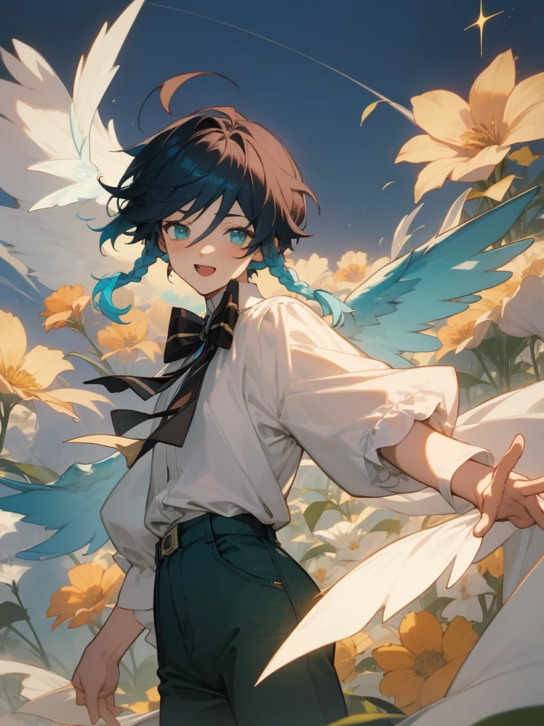 Venti, 1boy, male, solo, young adult, medium hair length, 2braids, dark blue hair color, cyan highlights in hair, energic expression, dynamic pose, flying, 2wings, flowers background, detailed eyes, white shirt, white sleeves, green pants, short pants, green cape, bow tie, green hat, jewels, sun, cyan sky, pink clouds,