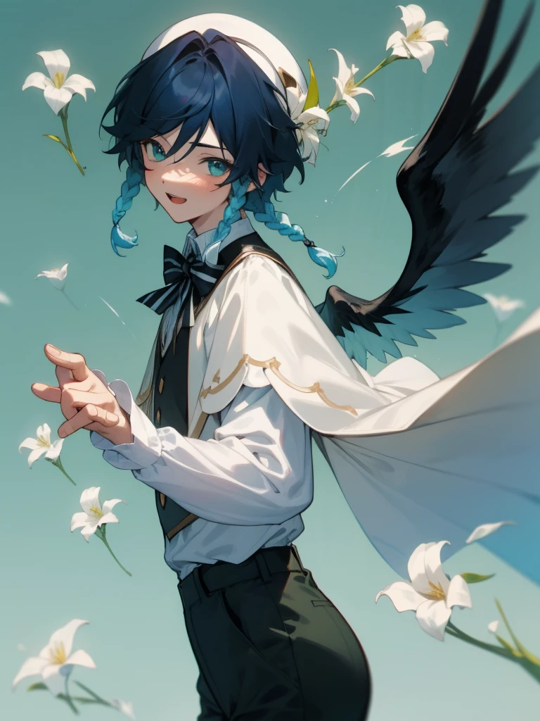 Venti, 1boy, male, solo, young adult, medium hair length, 2braids, dark blue hair color, cyan highlights in hair, energic expression, dynamic pose, flying, 2wings, flowers background, detailed eyes, white shirt, white sleeves, green pants, short pants, green cape, bow tie, green hat, colourful jewels, cyan , pink, dancer outfit,