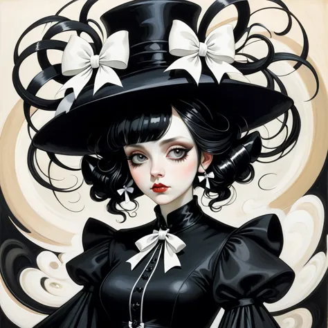 goth woman dressed in a black dress with lots of white bows and a hat with black tendrils in Brett Whiteley art style
