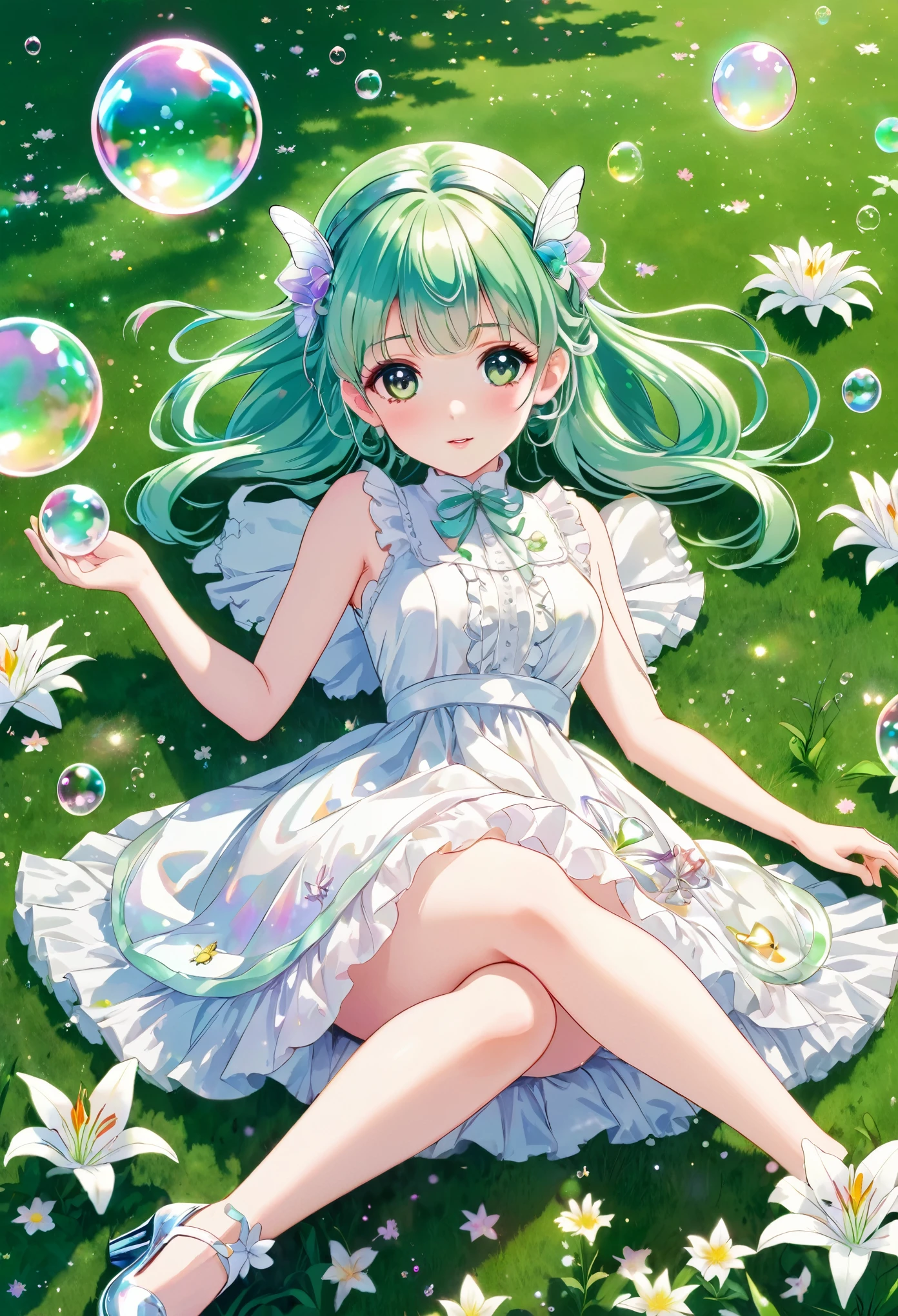 Anime, uma fada com cabelo cor de holograma e um vestido lolita branco e sapatos de vidro está deitada na grama verde com flores de lírio durante o dia. Existem bolhas de sabão com holograma e borboletas coloridas com holograma.