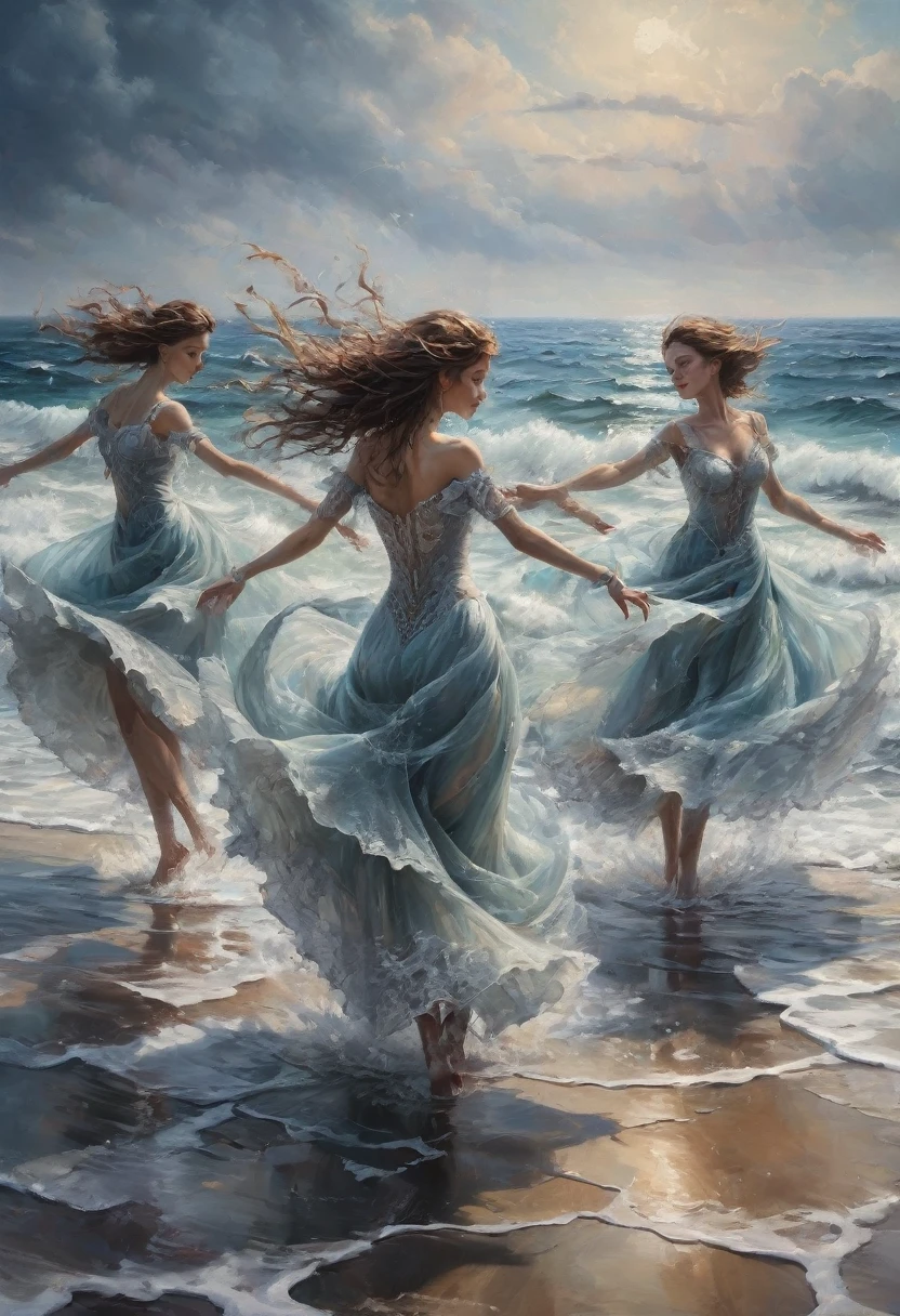 Dancing on the Sea Surface, by Cyril Rolando, best quality, masterpiece, very aesthetic, perfect composition, intricate details, ultra-detailed