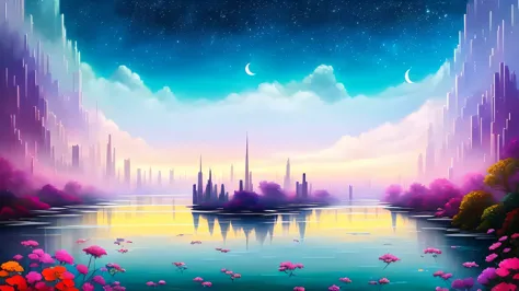 top quality, colorful art museum, river painting with stars in the sky, glowing skyscrapers, shiny all over, stylish skyscrapers...