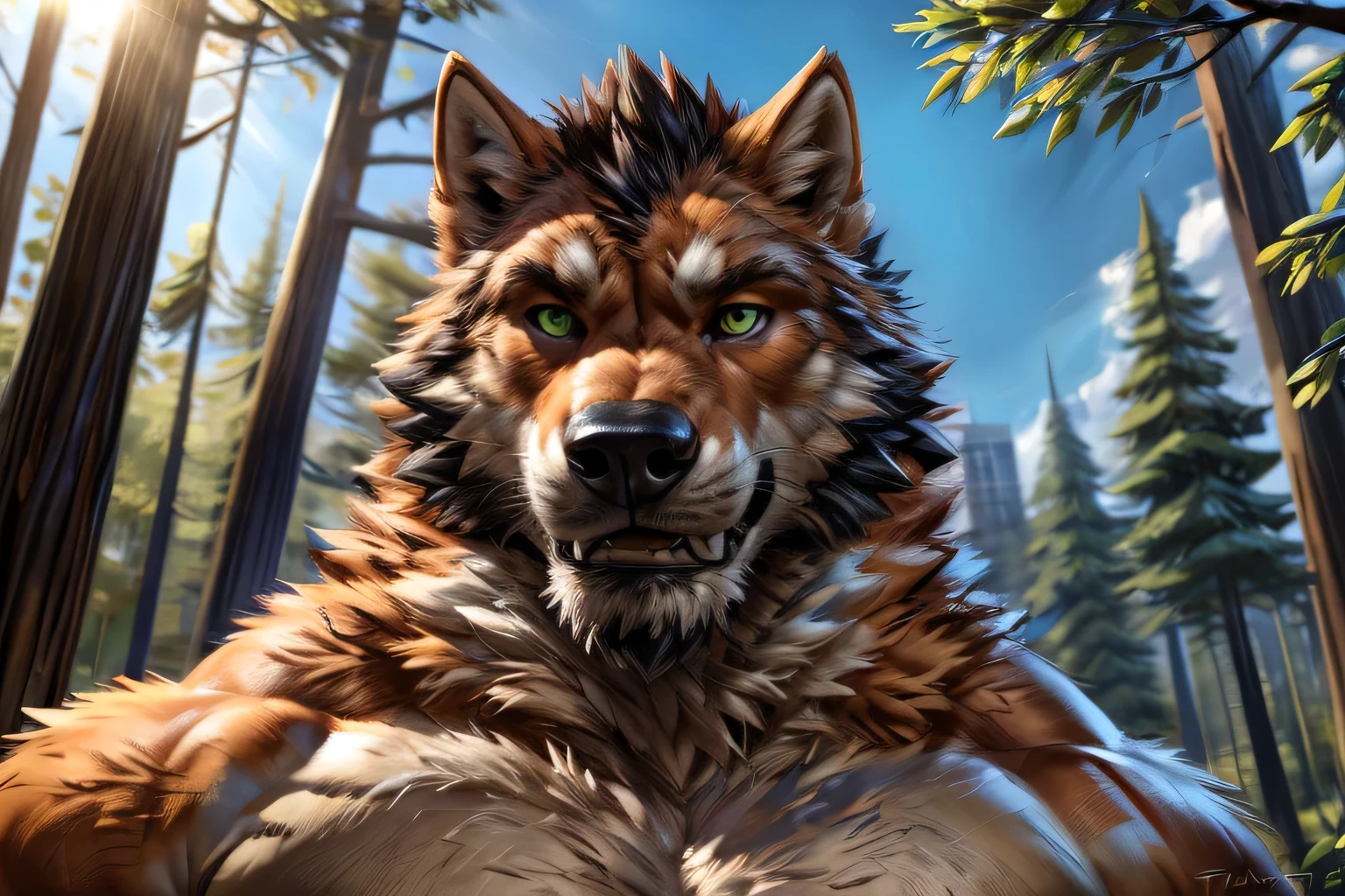 wild muscle:1.2 werewolf, Posing for the camera. 4k, High resolution, Best Quality, perfect colors, perfect shadows, Perfect lighting, published in e621, orange furry body, orange fur, white chest, BLACK BEARD, wild wolf, werewolf, Alone, male, adult, green eyes, realistic eyes, Looking to the camera, masculine, (muscular, dense structure:1.4, muscular shoulders, strong pecs), correct anatomy, potato body, (photorealistic skin, detailed skin, epic, Masterpiece:1.2), (detailed forest, run, Sun light:1.2), sexy shadows, (by echin, by taran violinist, By Takemoto Arashi, by traver009, por Juiceps), (detailed eyes:1.2), Physically impressive, struggling, upset face, exhausted, detailed eyes, Looking to the camera, (close up):1