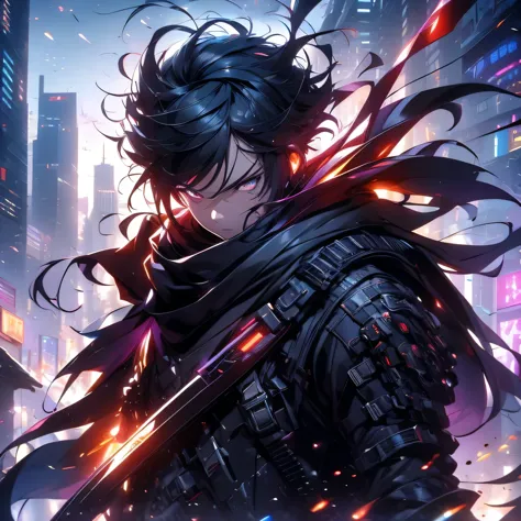 1boy,a 13 yo boy、cyberpunk boy、black attire、katanas,machine gun、spiky hairstyle、whole body bloody、the beginning of the adventure...