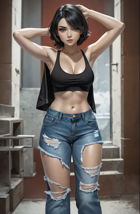 gorgeous woman, short night black hair, russian woman, ragged white tank-top, underboob, cutoff faded blue jeans hotpants, red t...