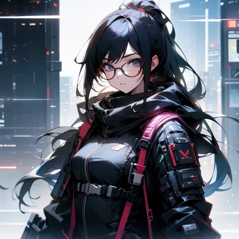 (masterpiece, best quality), 1girls, black hair, glasses, cyberpunk, solo, waist-high, sexy appearance