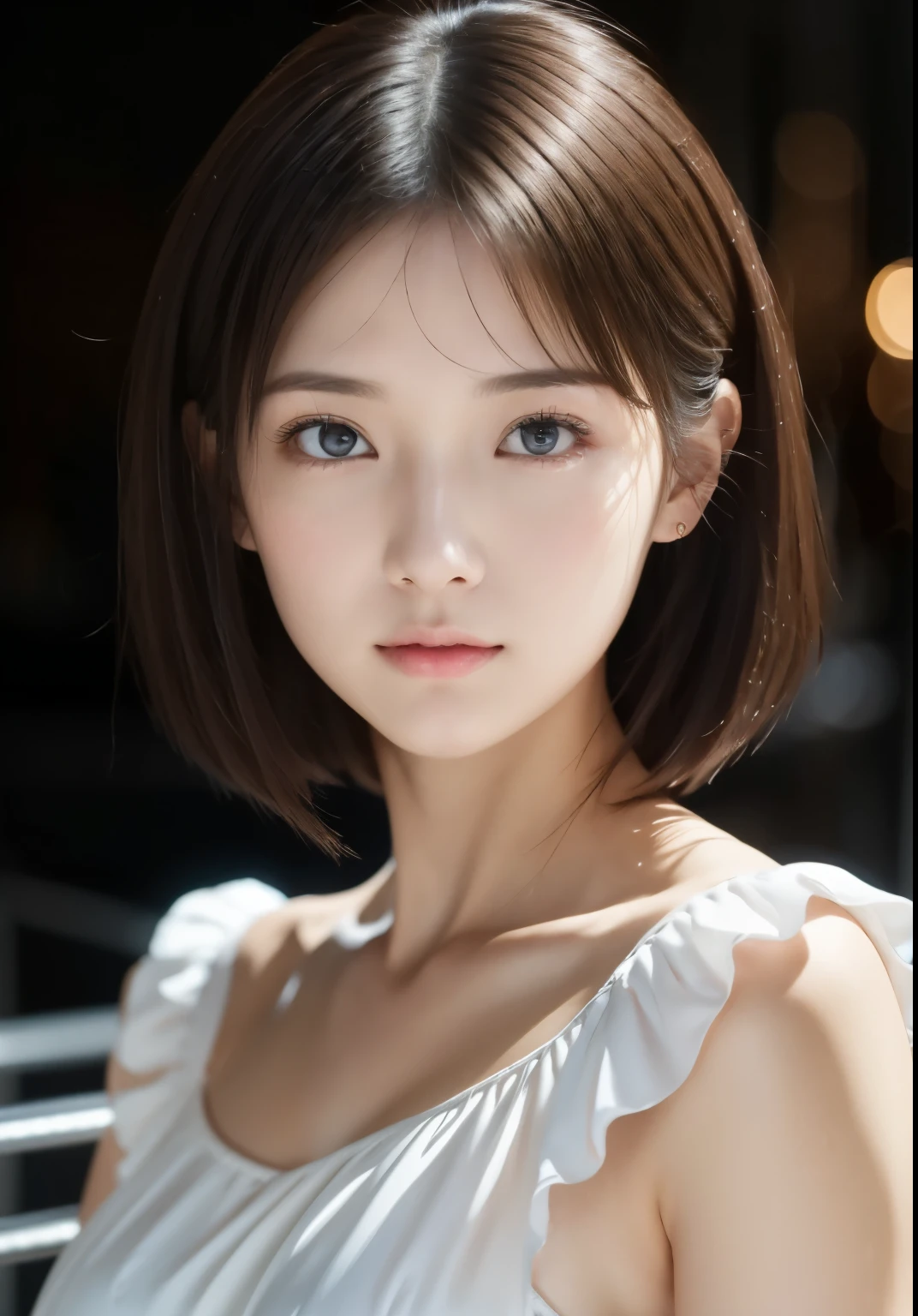 the Extremely Detailed CG Unity 8K Wallpapers、top-quality、ultra-detailliert、​masterpiece、Fixed focus lens, Full face portrait、Sheer white ruffled dress、realisitic、Photo Real、extremely detailed cute girl、solo、sixteen years old、side glance, Melancholy look, background of night view, A dark-haired, out of focus、blur、f1.2, front face