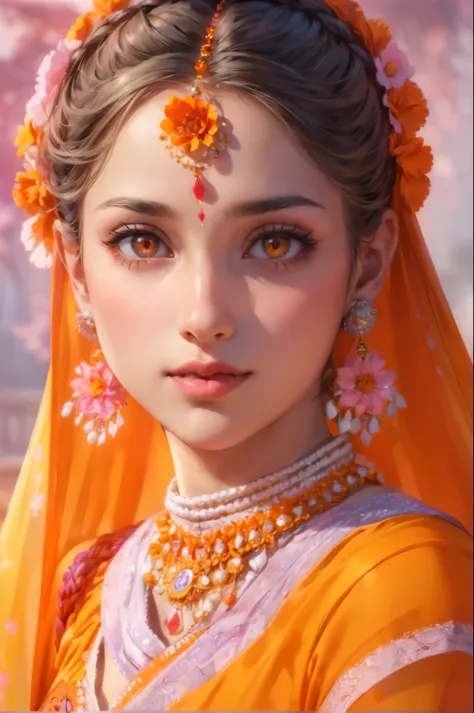 Beautiful woman, 25yo girl, beautiful orange kurti dress, covering her body with transparent chunari, (orange bindi on head), du...