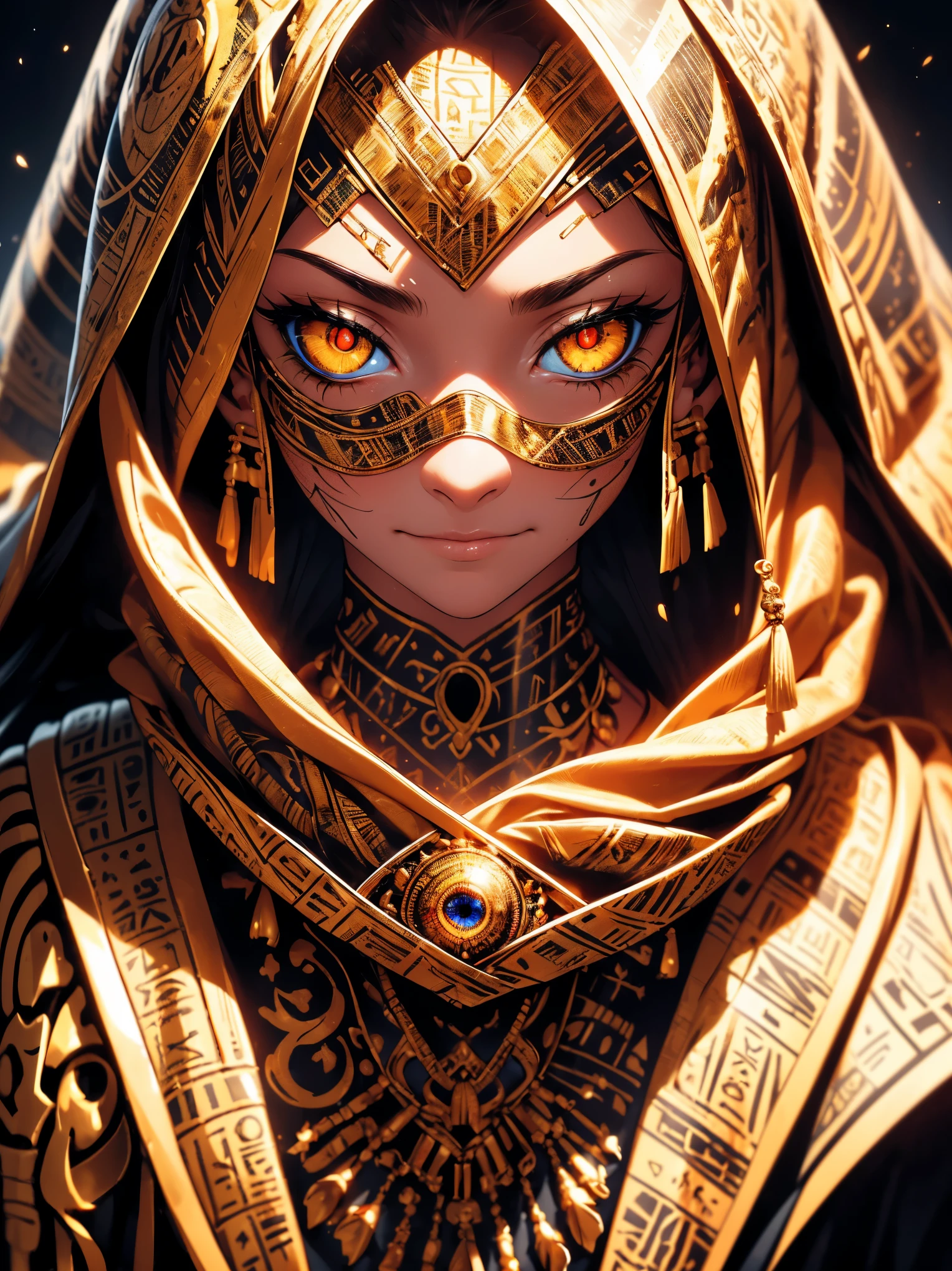 "(best quality,highres),close-up of a mummy's face,covered in bandages with golden hieroglyphics,(detailed:1.1),(vivid and intense colors:1.1),(realistic:1.1) graphic art style,terrifying,eye sockets with glowing golden eyes,detailed wrinkles, dark circles under the eyes"