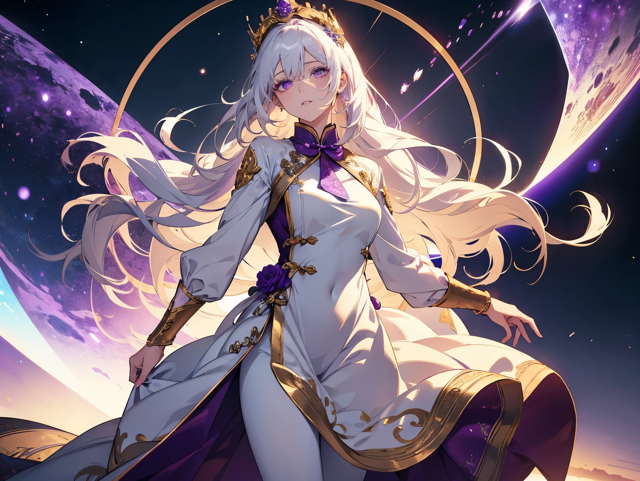 1 female, teacher, wearing a white dress, white leggings, white hair, long hair, face to detail, detailed eyes, light purple eyes, purple bowtie, golden crown floating over her head, the background is space in china