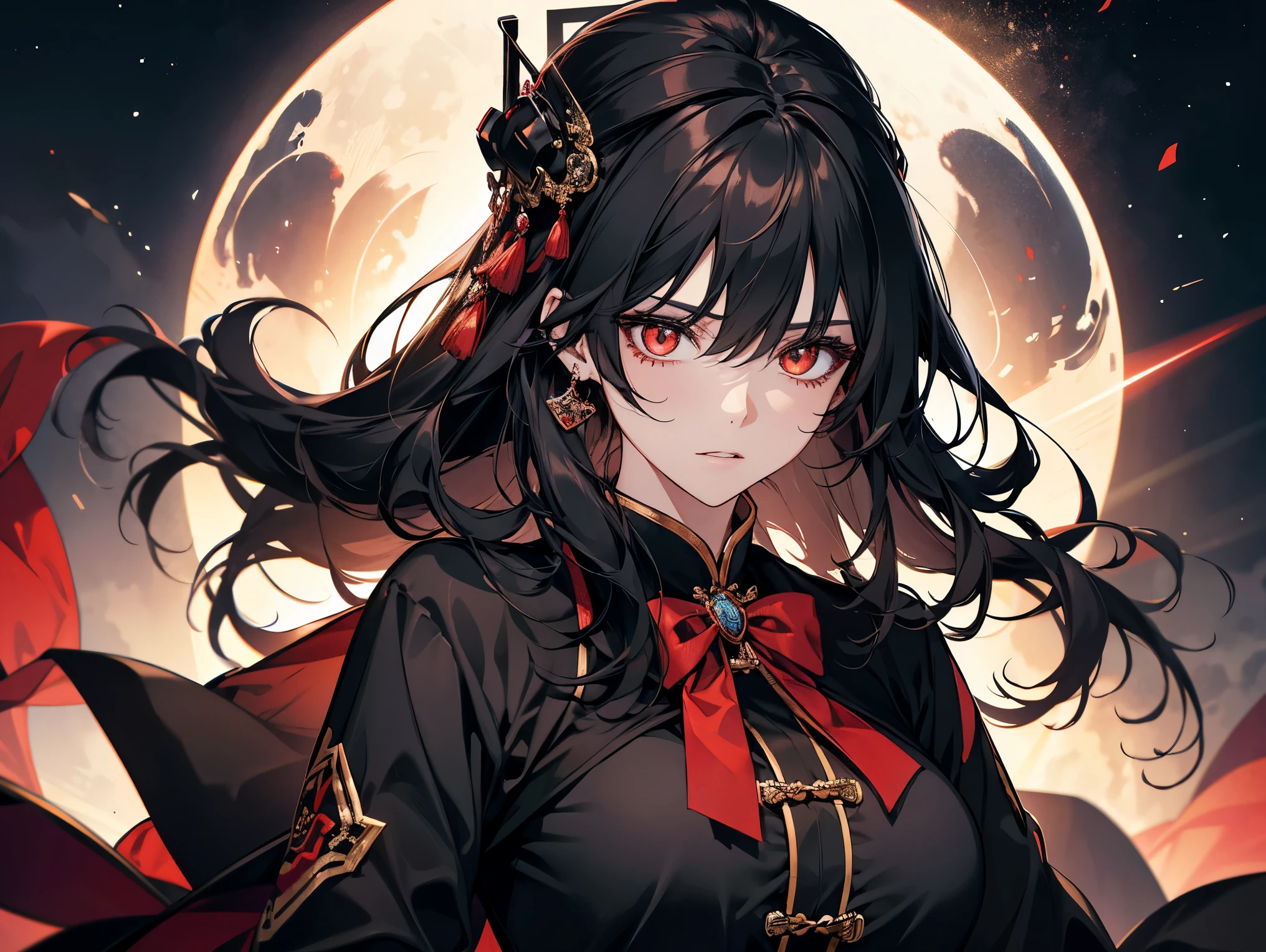 1 female, teacher, wearing a black dress, black leggings, black hair, long hair, face to detail, detailed eyes, light red eyes, red bowtie, black crown floating over her head, red energy in-between her breast, the background is space in china