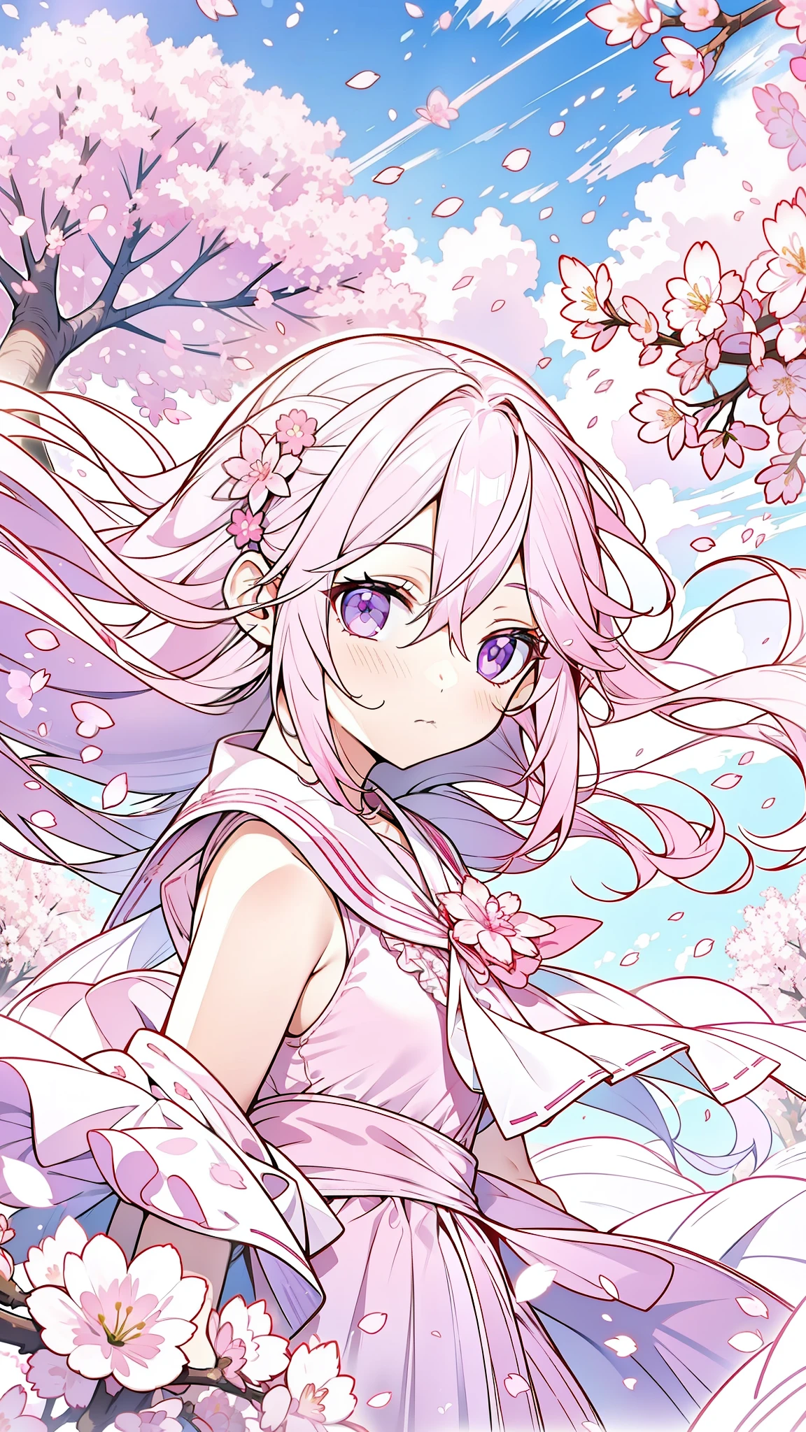 32k, solo, long hair, hair between eyes, closed mouth, standing, purple eyes, pink hair, flower, outdoors, frills, sky, cloud, pink eyes, tree, petals, floating hair, cherry blossoms, pink flower, (pink sailor suit), (((face focus))), (((looking at another))), 