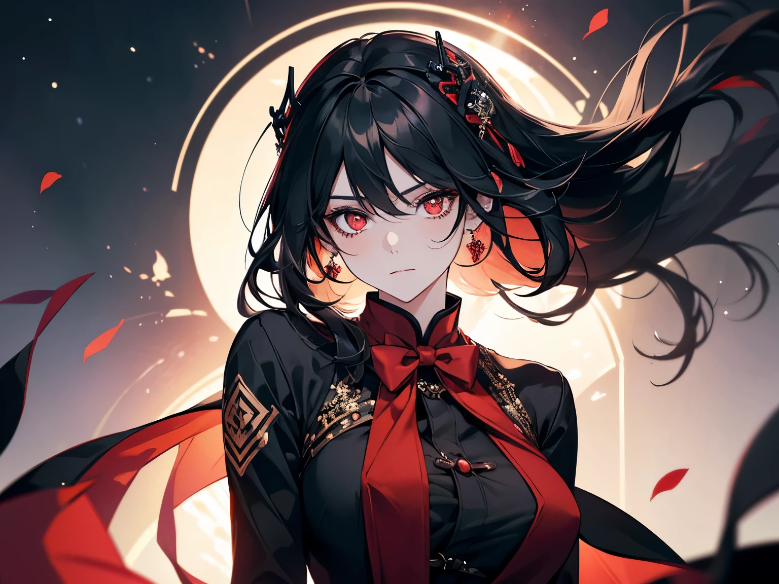 1 female, teacher, wearing a black dress, black leggings, black hair, long hair, face to detail, detailed eyes, light red eyes, red bowtie, black crown floating over her head, red energy in-between her breast, the background is space in china