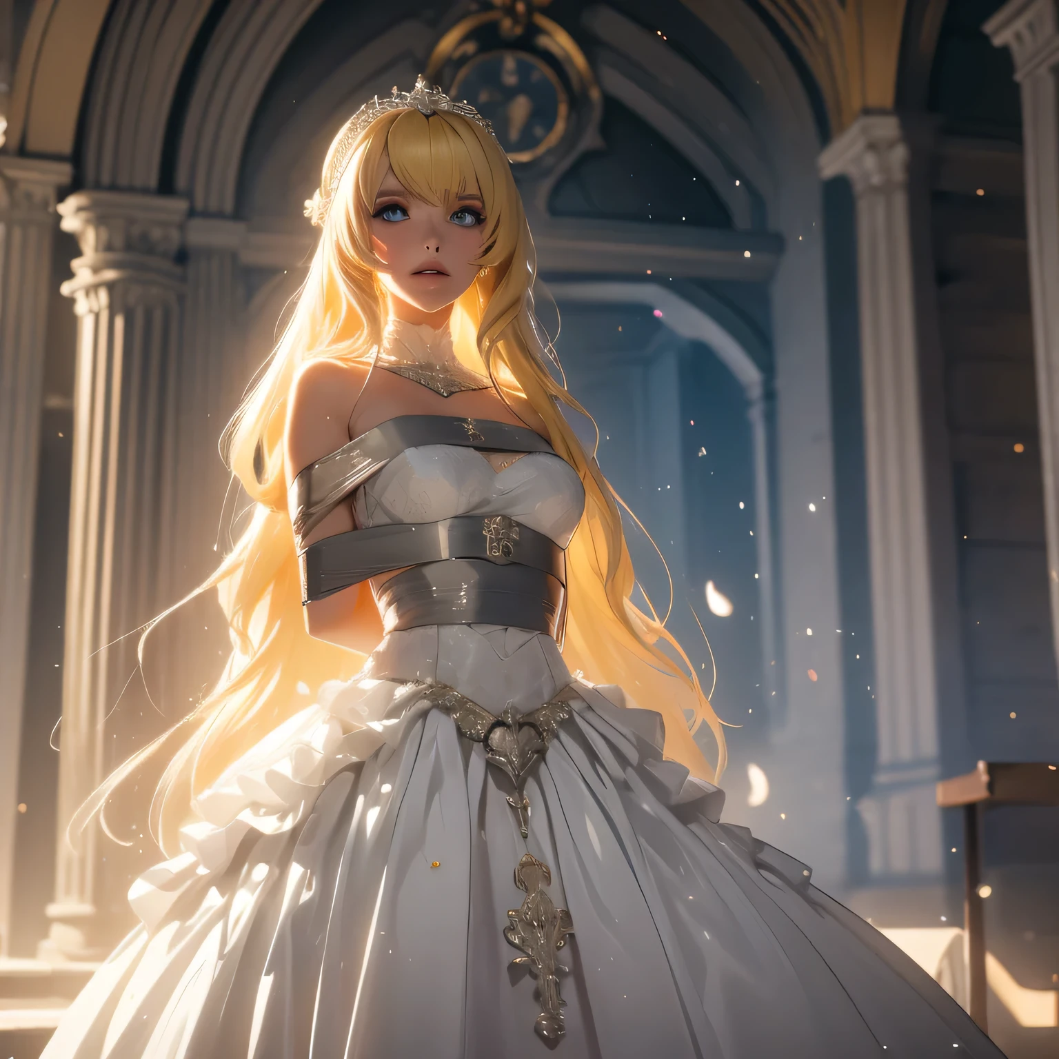 (bright lighting,romantic setting),bride captured, dreamy background,bondage,blond hair, mesmerizing gaze, , soft skin, alluring beauty, artistic portrait, high-quality image, vibrant colors, long silk gown, in the church,tape bondage,tape gag, bridal