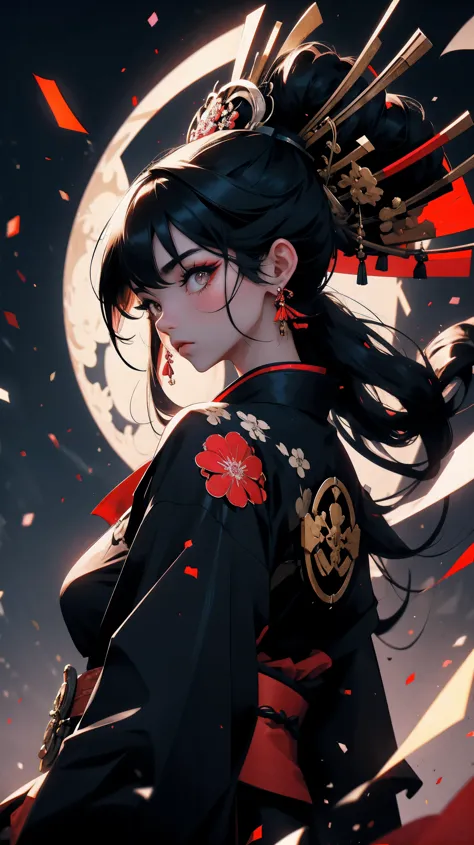 Asian geisha in black samurai kimono, long black hair