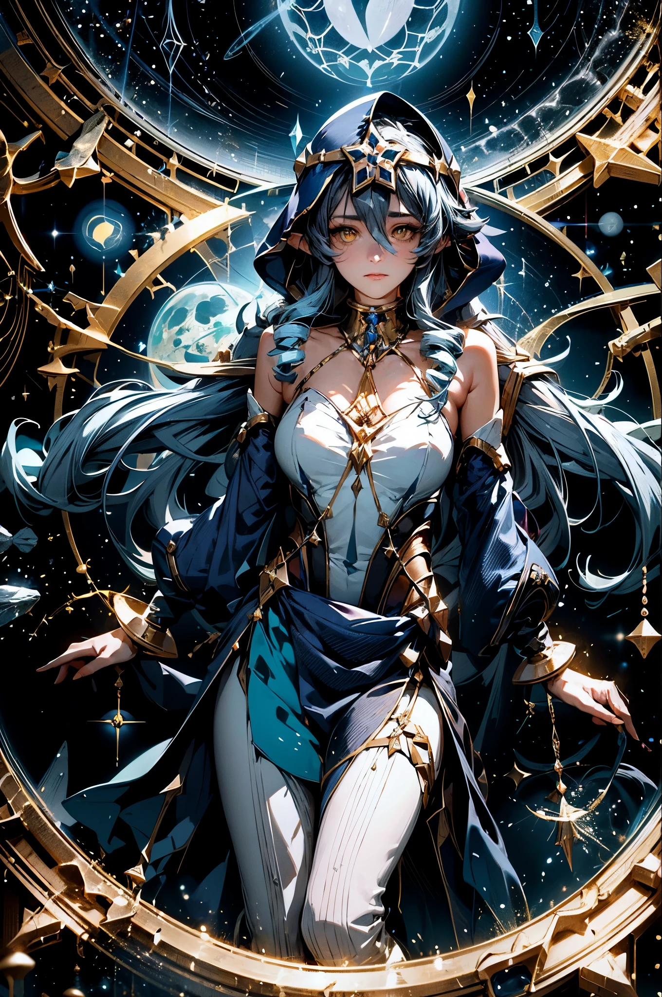 (1 girl solo, long flowy blue hair, yellow eyes, blue and white clothes, white leggings, blue hood, golden details and accessories, bare shoulders) ((portrait closeup shot, floating in space)) (masterpiece), (best quality:1.4), absurdres, [:intricate details:0.2], 1girl, Flowing robes, intricate magical circles, glowing map of the stars and constellations and galaxies, shimmering aura, intense focus, arcane incantations, crackling energy, levitating artifacts, flickering candles, swirling mist, sparkling stars, mystical crystals, glowing sigils, otherworldly chanting, mysterious symbols, powerful invocation, transcendent awareness, cinematic light, cinematic shot, dramatic shot, movie poster aestethic