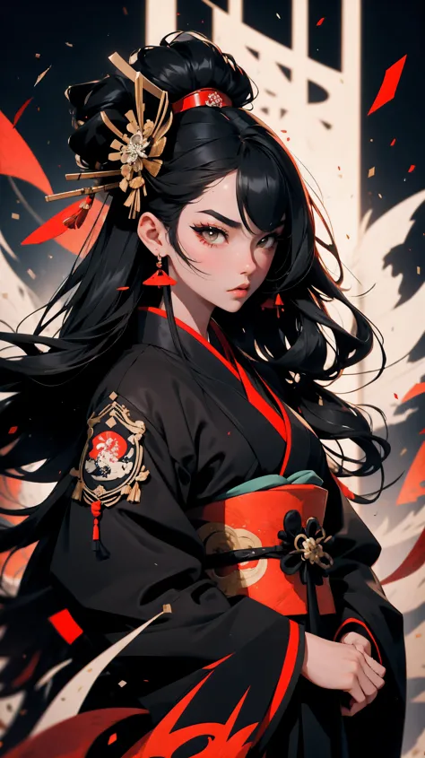 Asian geisha in black samurai kimono, long black hair