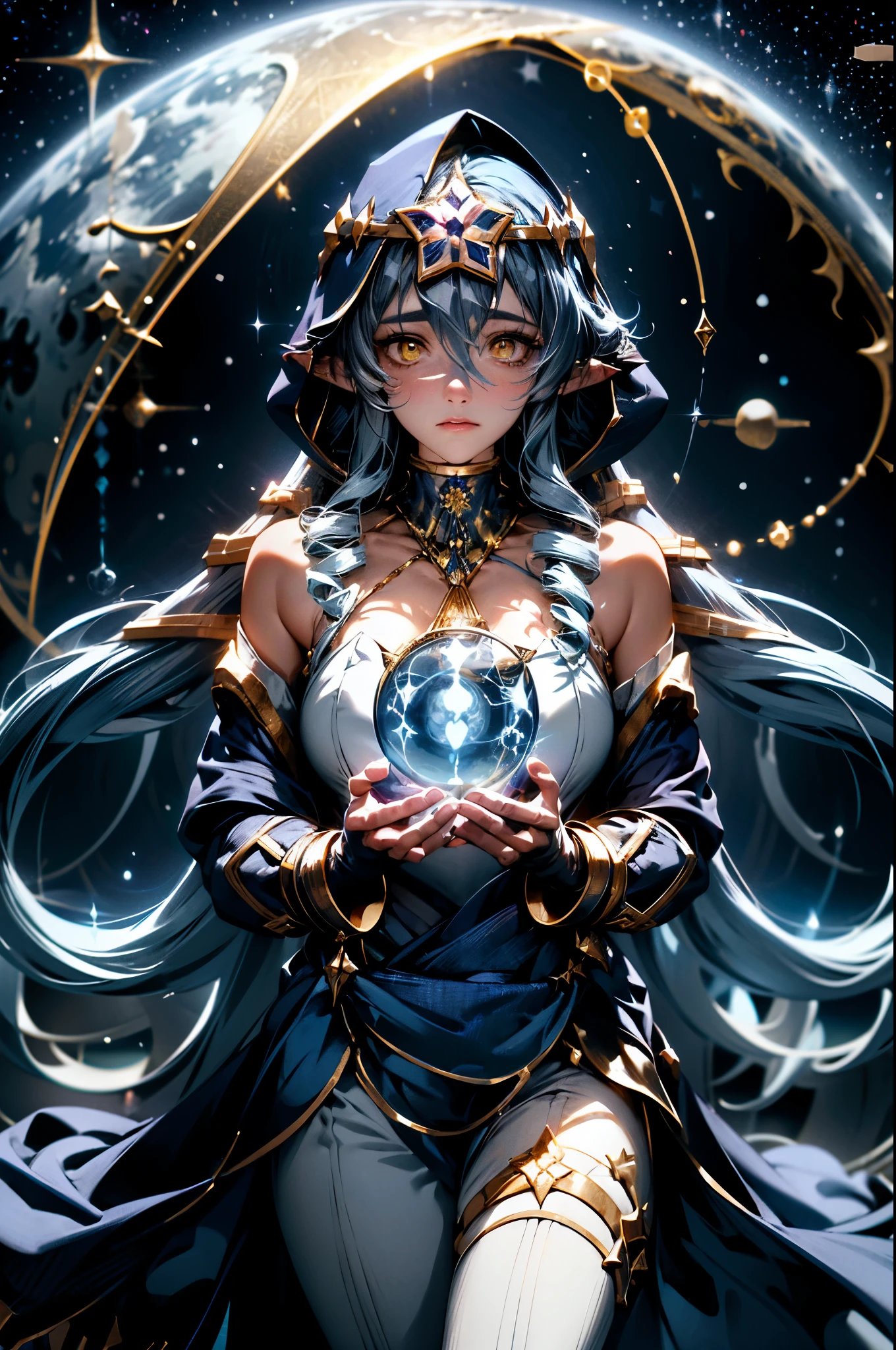 (1 girl solo, long flowy blue hair, yellow eyes, blue and white clothes, white leggings, blue hood, golden details and accessories, bare shoulders) ((portrait closeup shot, floating in space)) (masterpiece), (best quality:1.4), absurdres, [:intricate details:0.2], 1girl, Flowing robes, intricate magical circles, glowing map of the stars and constellations and galaxies, shimmering aura, intense focus, arcane incantations, crackling energy, levitating artifacts, flickering candles, swirling mist, sparkling stars, mystical crystals, glowing sigils, otherworldly chanting, mysterious symbols, powerful invocation, transcendent awareness, cinematic light, cinematic shot, dramatic shot, movie poster aestethic