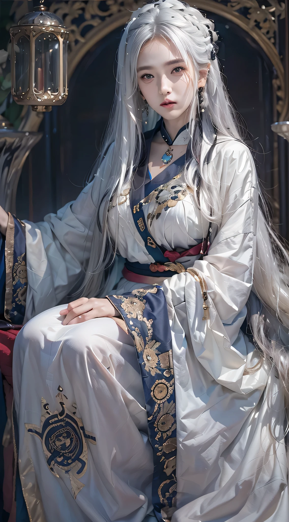 Photorealistic, high resolution, 1 woman, hips up, Beautiful eyes, Long hair, ringed eyes, white hair, jewelry, tattoo, hanfu, black hair color, supper long hair