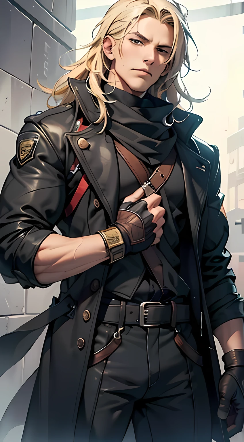 (MAN character), (Sesquipedalian, current, blonde hair), (heterochromia), (Left eye: blue), (Right eye: brown), (black leather coat), (black shirt), (Archery gloves), (black pants), (Black scarf), (illustration), (Ultra detailed), (realistic), (A high resolution), (portrait), (mysterious lighting), (bright colors) (magician) (fighter) (48 years old) (mature man) (cold light)