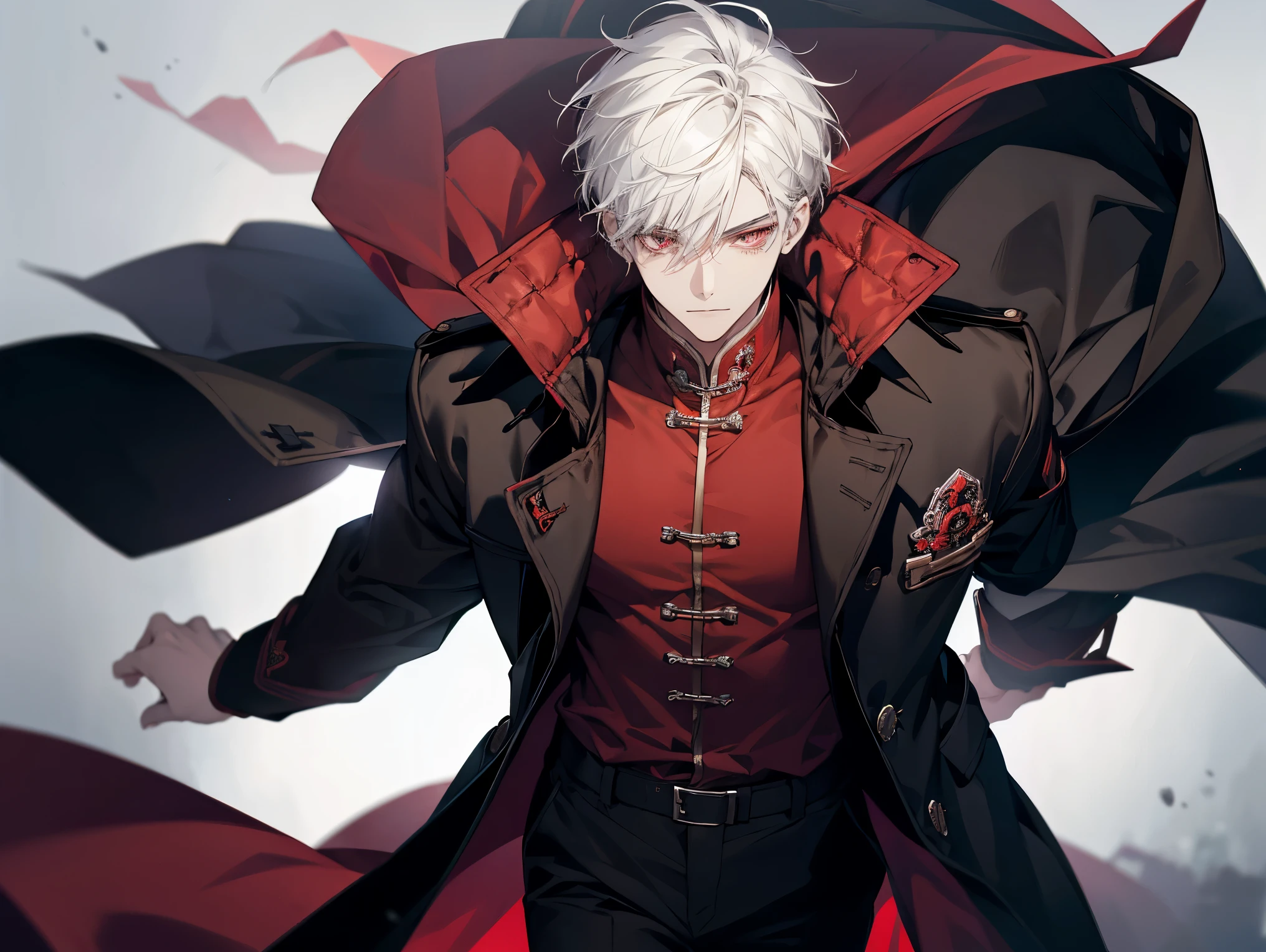 1 male, teenager, wearing a red shirt, black long pants, white hair, short hair, long black trench coat, face to detail, detailed eyes, light red eyes, the background is a frozen place in china