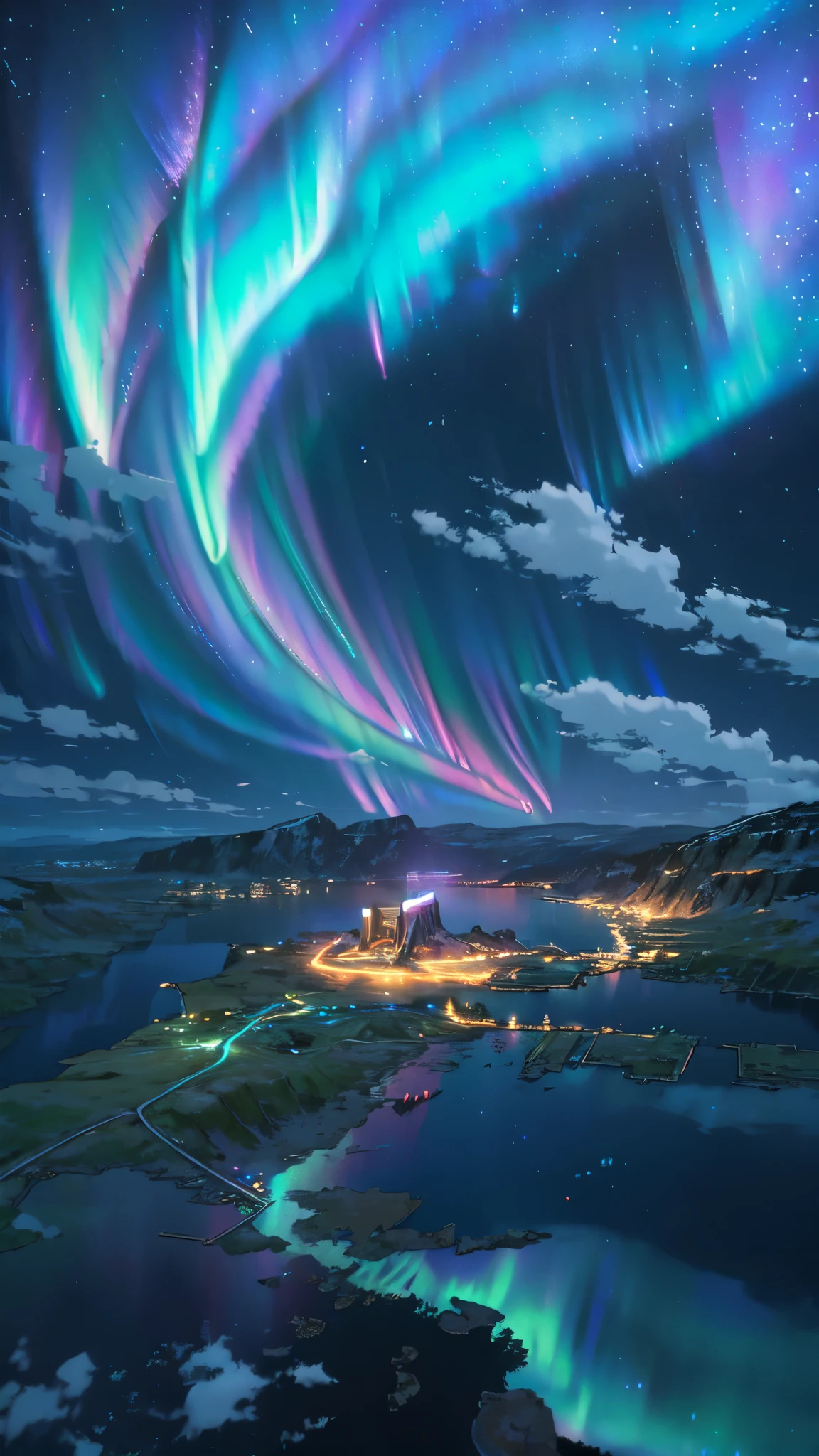 paisaje, ultra alta definición, (fondo asgard), detalles, Encendiendo, 8K, (aurora boreal en el cielo), constelación, (fondo asgard), pequeño pueblo bajo las luces